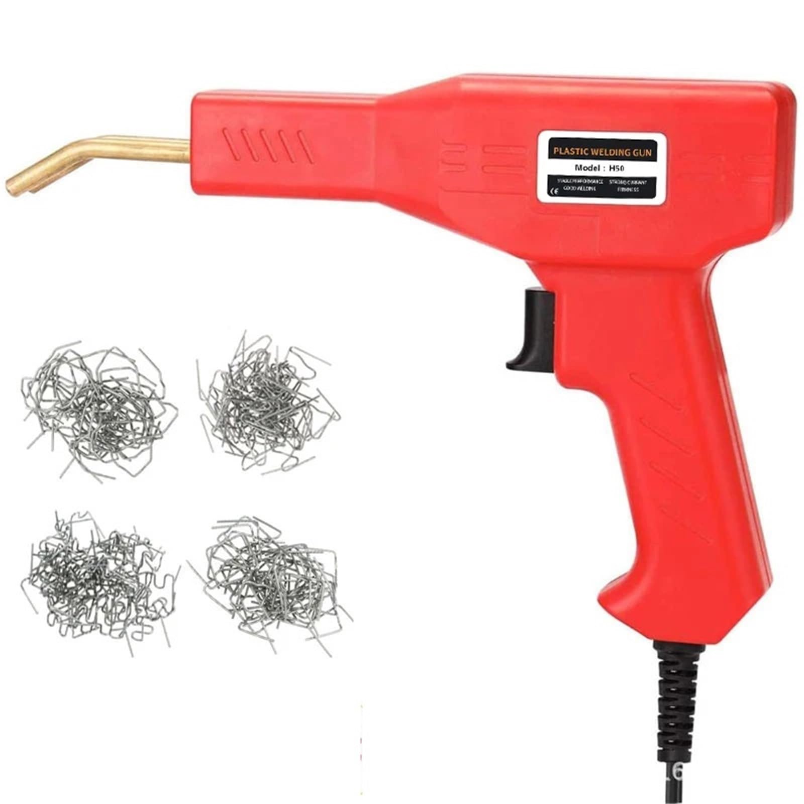 Soudeuse Plastique Soudeur plastique rouge 50W, pistolet à ongles chaud avec 200/400/800 clous, Kit de réparation pare-chocs voiture, outil fissuration, Machine souder le PVC(800pcs)