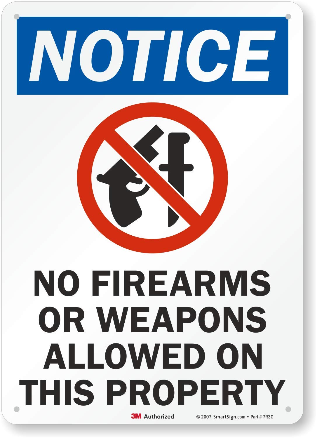 SmartSign 3M Engineer Grade Reflective Sign, Legend "Notice: No Firearms/Weapons Allowed on Property" with Graphic, 14" high x 10" wide, Black/Blue/Red on White