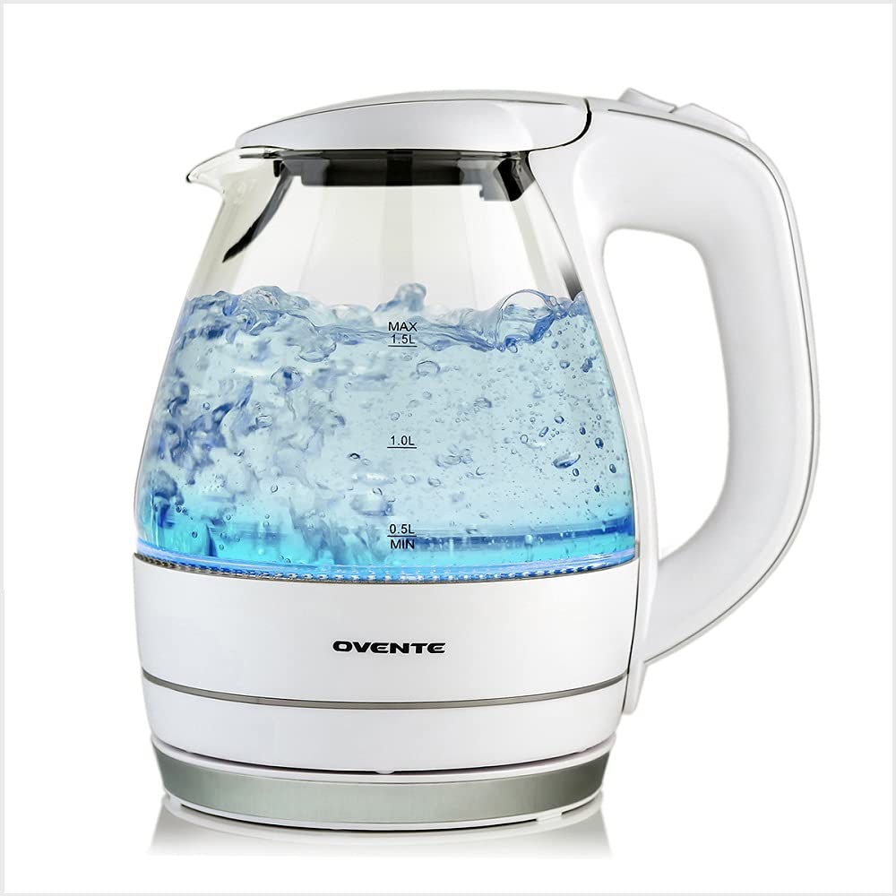 Ovente Portable Electric Glass Kettle 1.5 Liter with Blue LED Light and Stainless Steel Base, Fast Heating Countertop Tea Maker Hot Water Boiler with Auto Shut-Off & Boil Dry Protection, White KG83W