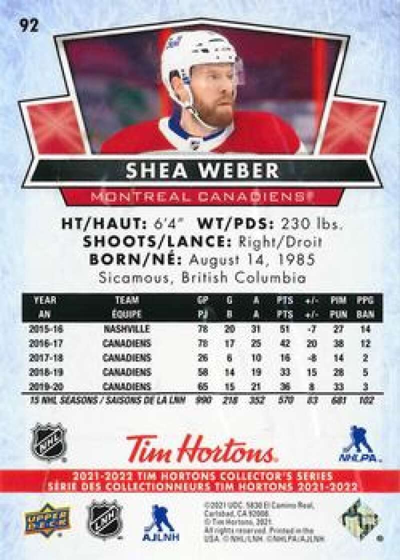 Amazon.com: 2021-22 Upper Deck Tim Hortons #92 Shea Weber ...