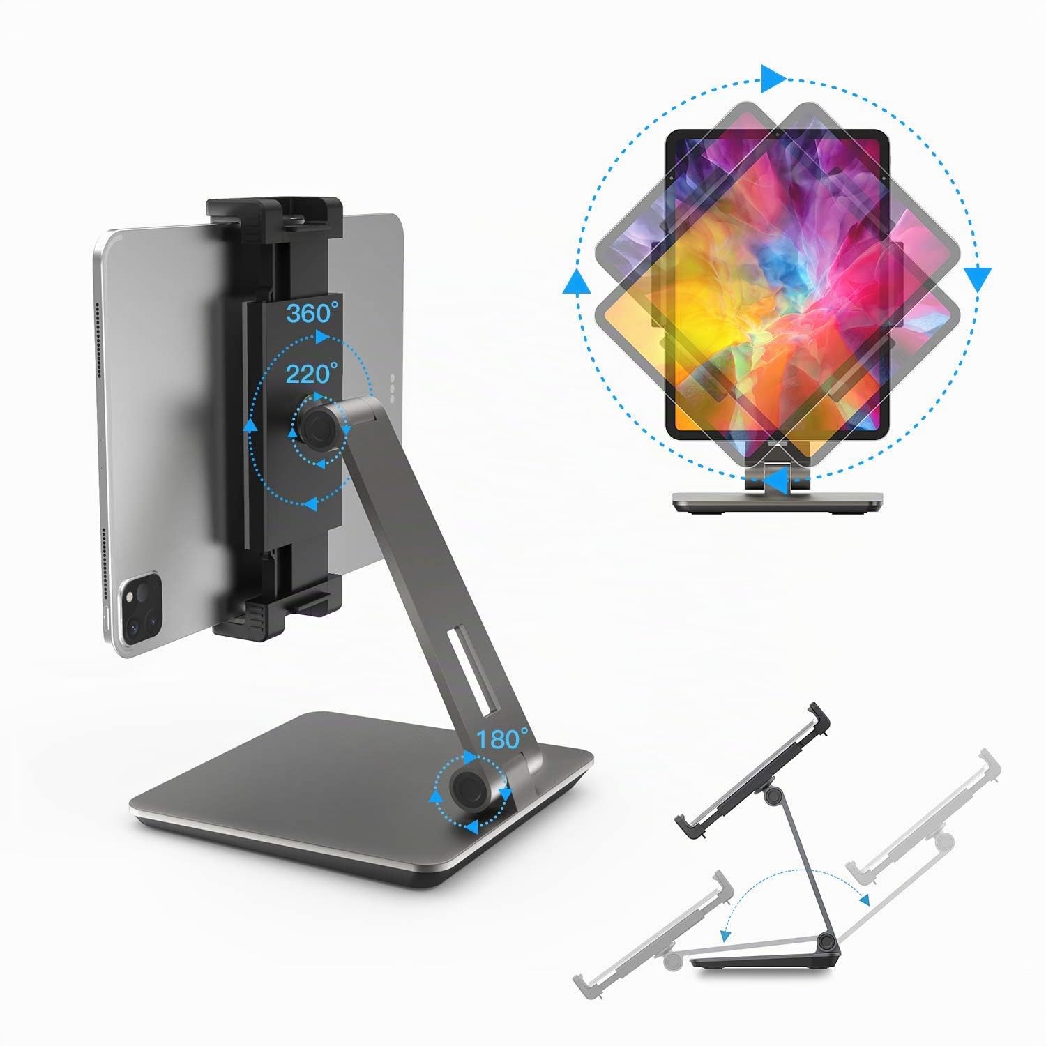 Supporto per Tablet, Regolabile Rubusto e Resistente Alluminio Supporto, 360° Girevole Pieghevole Metallo Porta, Adatto per iPad, Samsung Tab, Kindle (4,7-13") (Grigio)