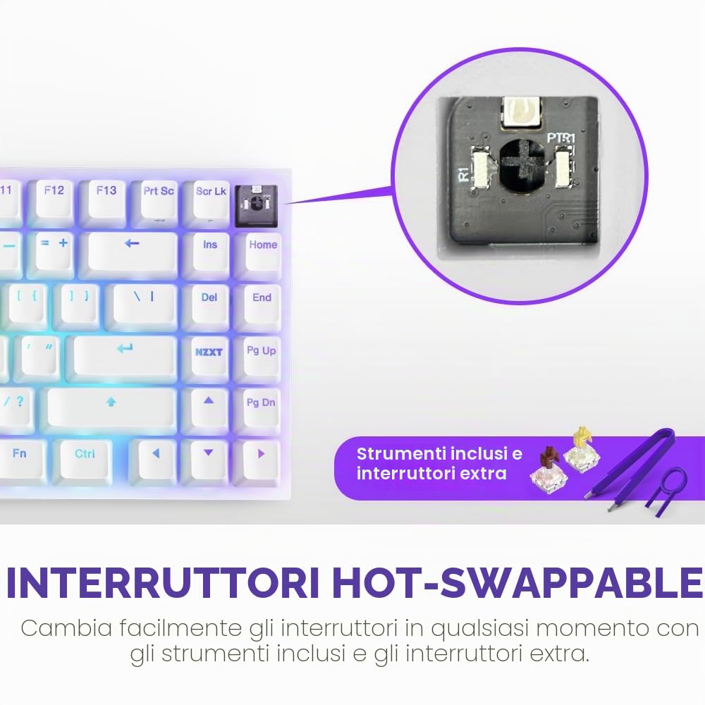 NZXT Function 2 MiniTKL 2024 - Tastiera da gioco ottica Tenkeyless - RGB illuminato - Frequenza di query 8K - Commutatori opt lineari - Scatto regolabile - Hot-Swap - Bianca DE (QWERTZ)