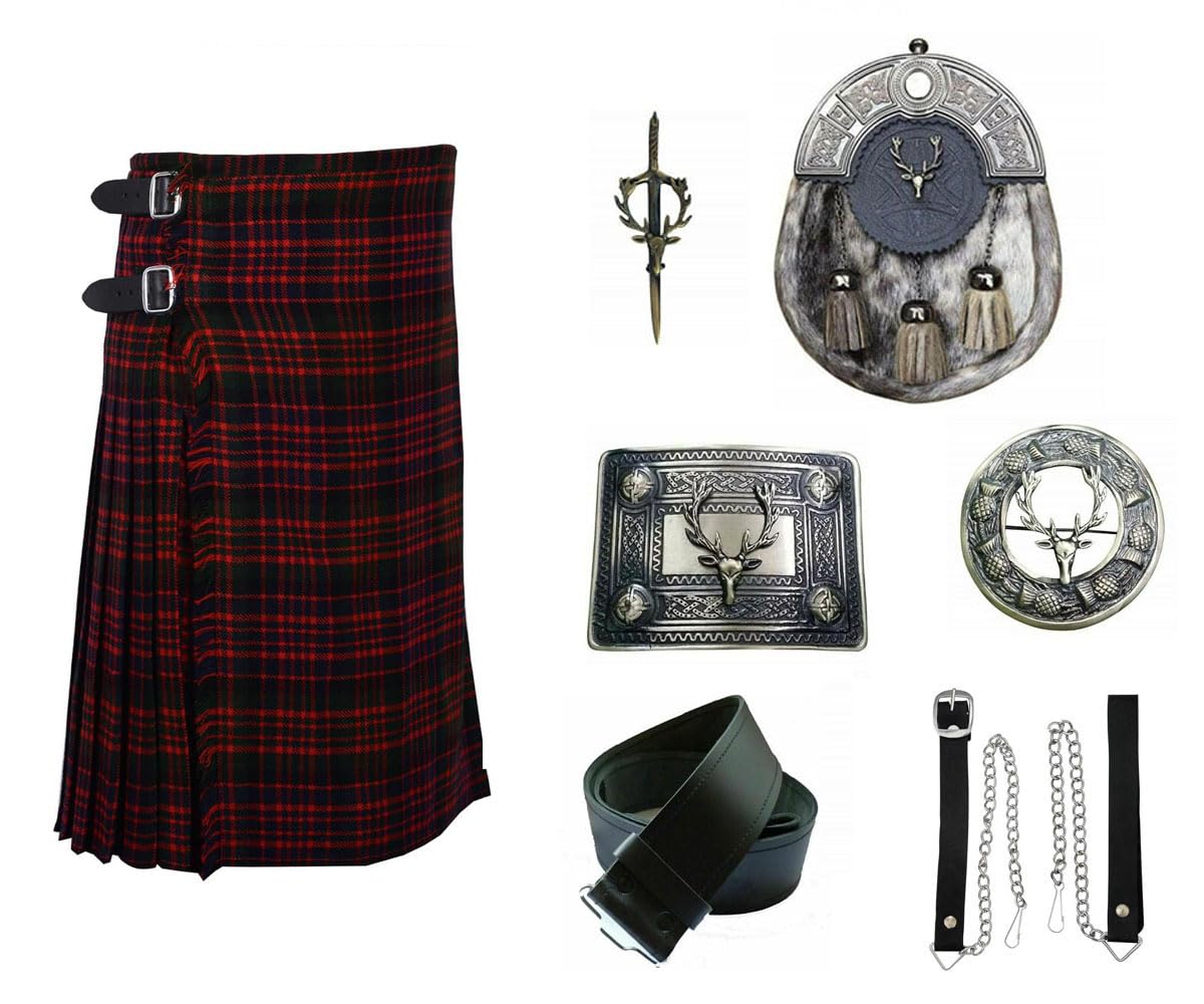 Bingo SaleAuthentic Celtic Kilt and Accessory Set Macdonald Tartan Kilt Stag Head Sporran, Chain, Belt, Buckle, Brooch & Pin