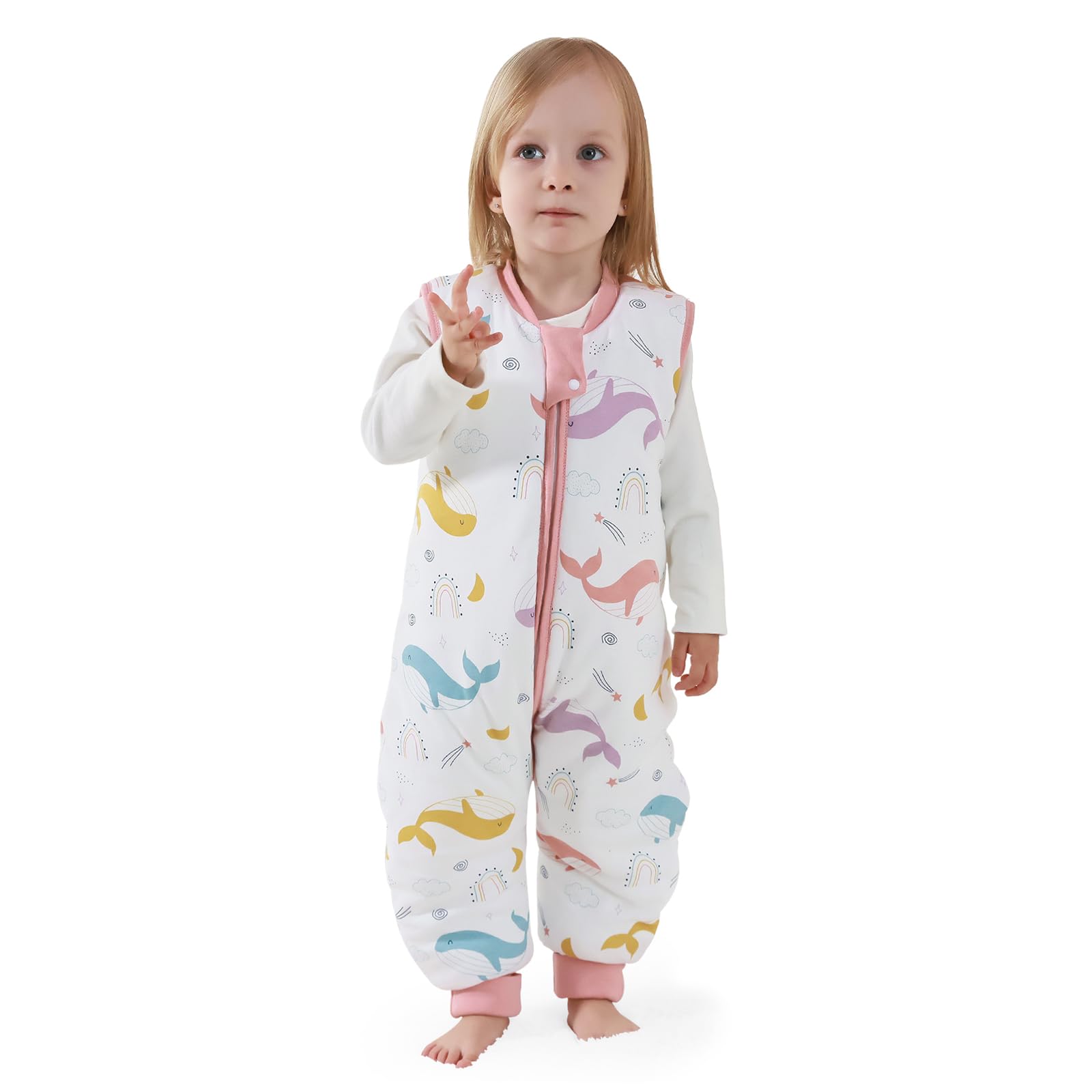 MIKAFEN Bambini Sacco nanna invernale con gambe 2,5 Tog,100% cotone,Sacco nanna con piedini,85-95 cm/18-36 mesi,Balena arcobaleno