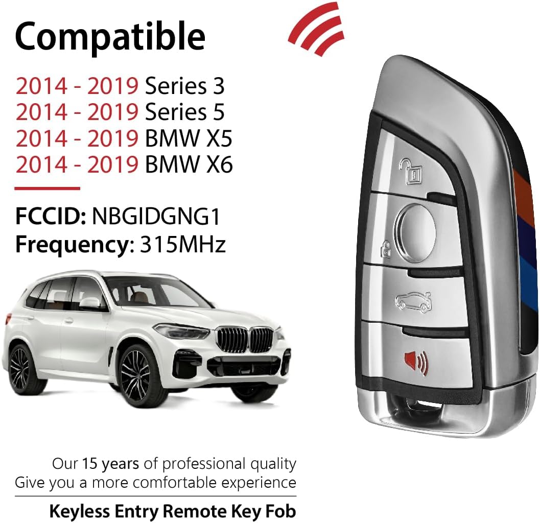Replacement for 2014 2015 2016 2017 2018 2019 BMW X5 X6 Series 3 5 Key Fob Remote Control NBGIDGNG1 4 Buttons 315MHz