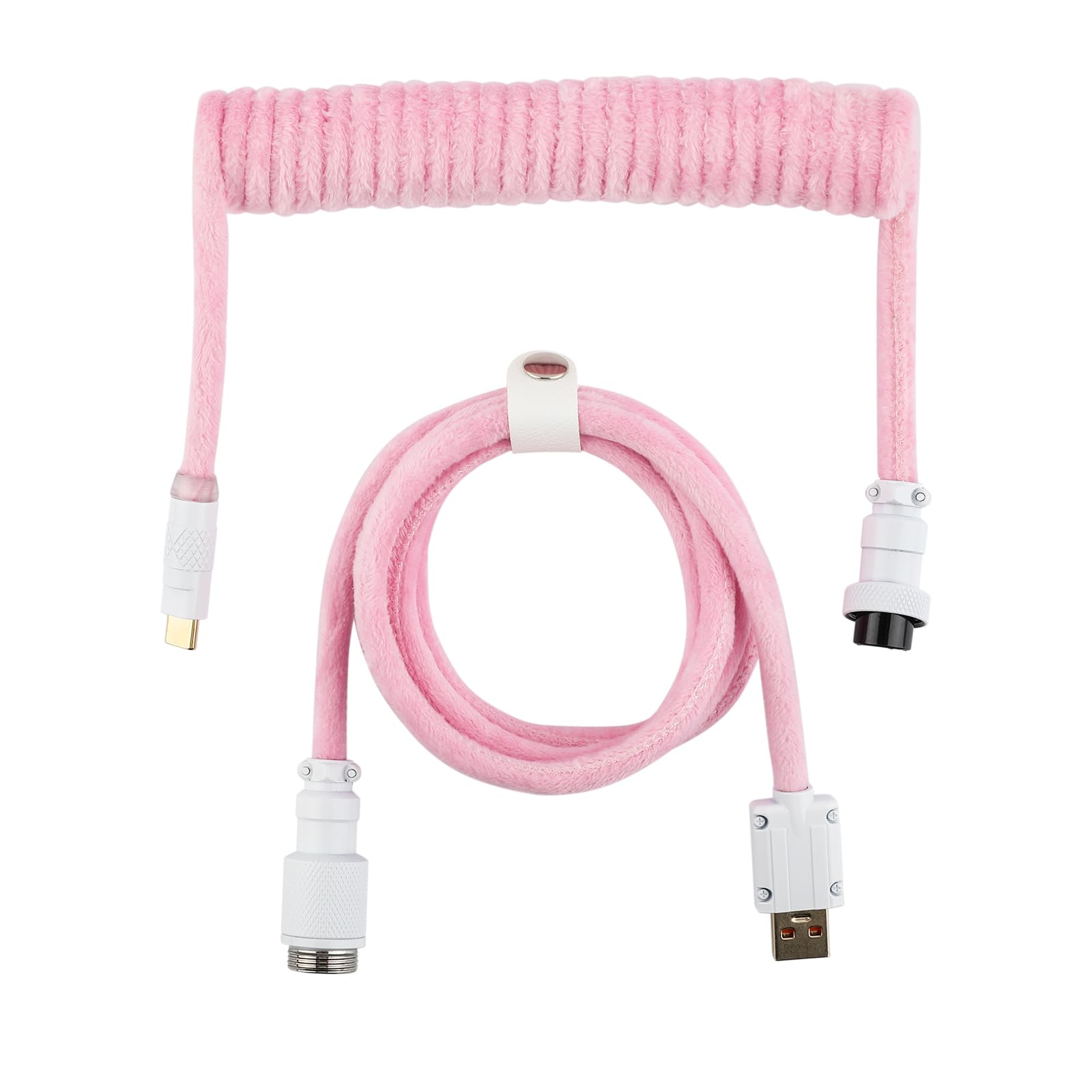 EPOMAKER FurMix Custom Coiled Keyboard Cable, 1.5m USB-C to USB-A Double-Sleeved Cable for Mechanical Keyboard, with Detachable 5-Pin Metal Aviator Connector for Gaming Keyboard (Pink)