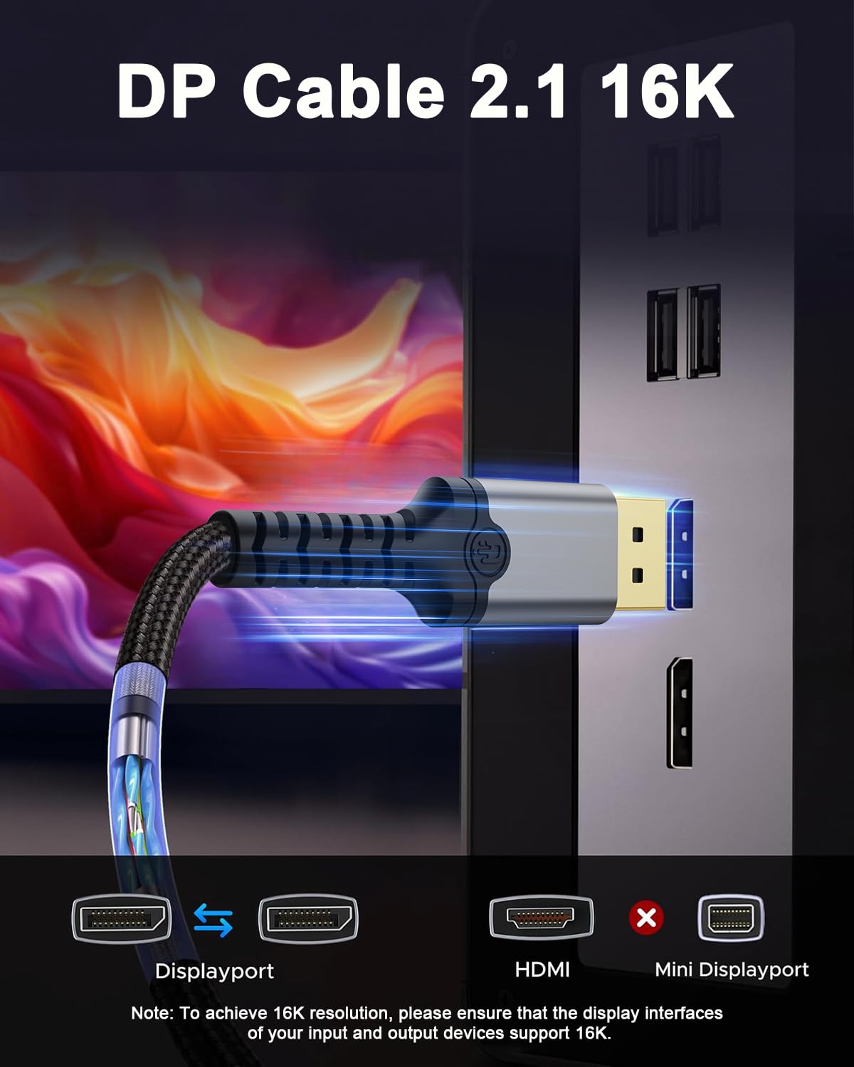 Kabel DisplayPort 2.1 2m [16K@60Hz, 10K@60Hz, 8K@120Hz, 4K@240Hz 165Hz 144Hz] kabel DP obsługuje 80Gb/s HDR DSC1.2a FreeSync G-Sync Display Port kabel do monitora, HDTV, PC