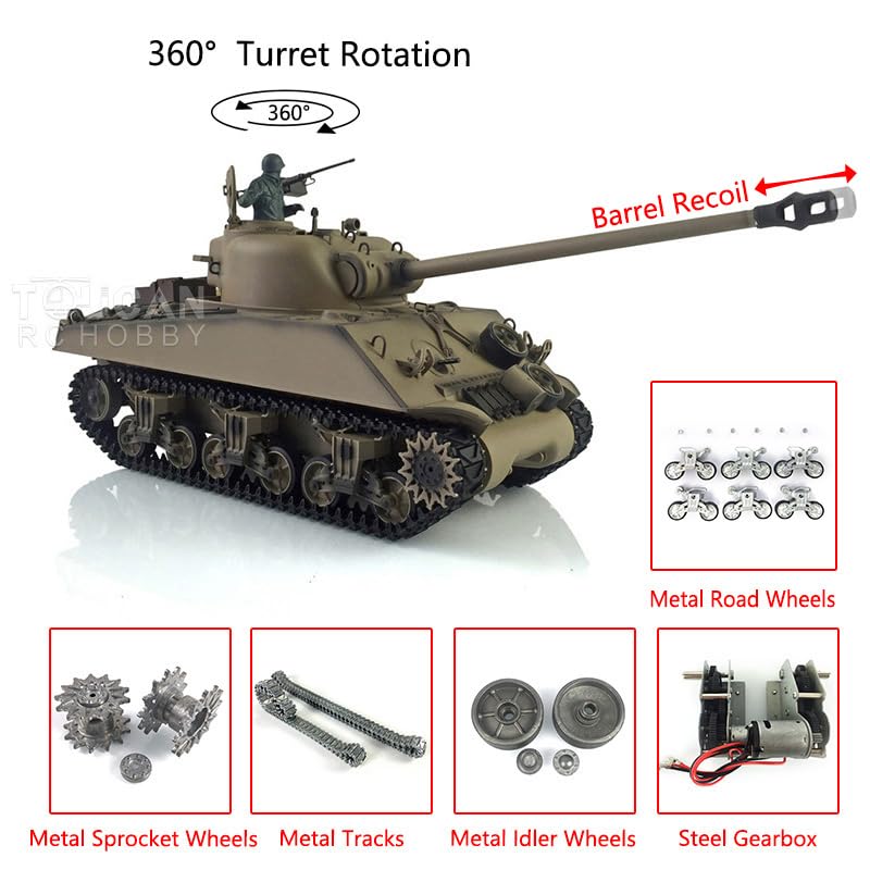 Henglong - Tanque Sherman RC 1/16 personalizado 7.0 M4A3 3898 Barril de retroceso de metal de 360° para Hobby BB Shooting Airsoft Tank que dispara