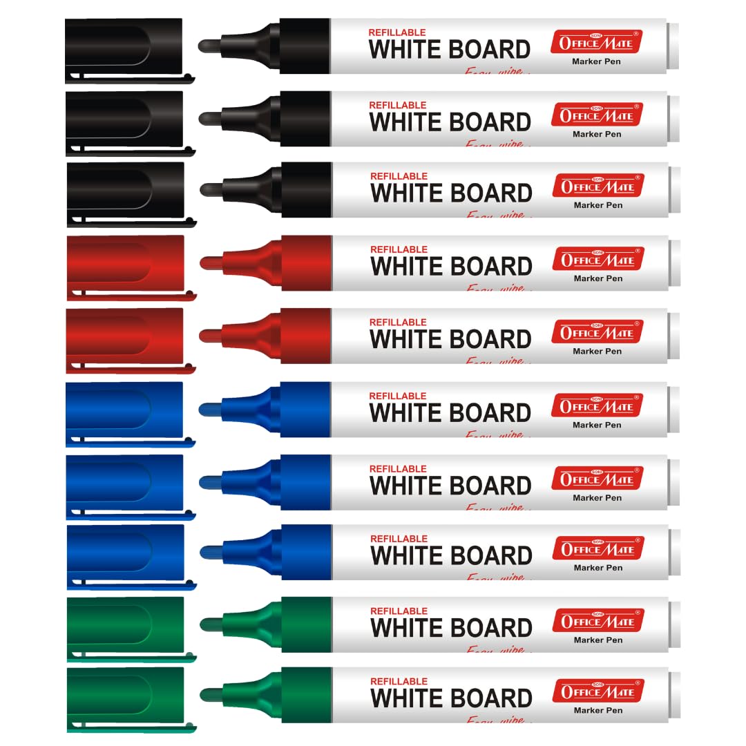 Soni Officemate Whiteboard Markers | Pack of 10 (Mix)| Black, Blue, Red & Green | 4.43 mm Bullet Tip | Non-Toxic | Smooth Writing | Easy Wipe — Amazon image 2