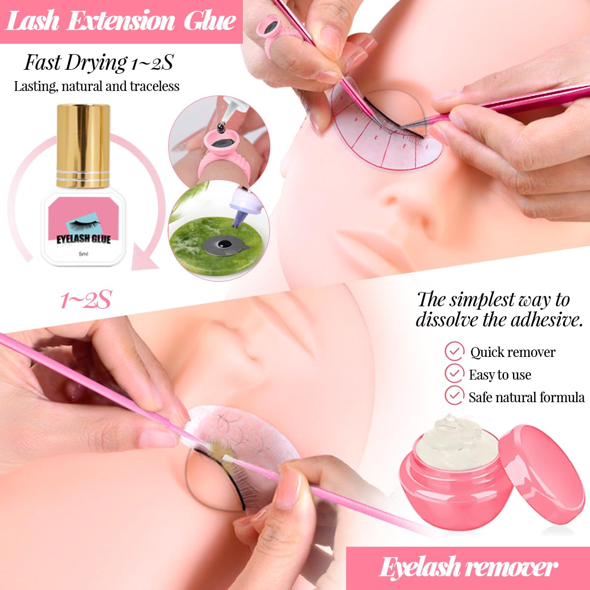 Kit D'extension de Cils pour Débutants Pratique des Cils pro Set Avec Tête de Mannequin Paupières Amovibles Usb Fan Spray Personal Fake Lash Bar Shampooing Brosse Fournitures Boîte de Rangement