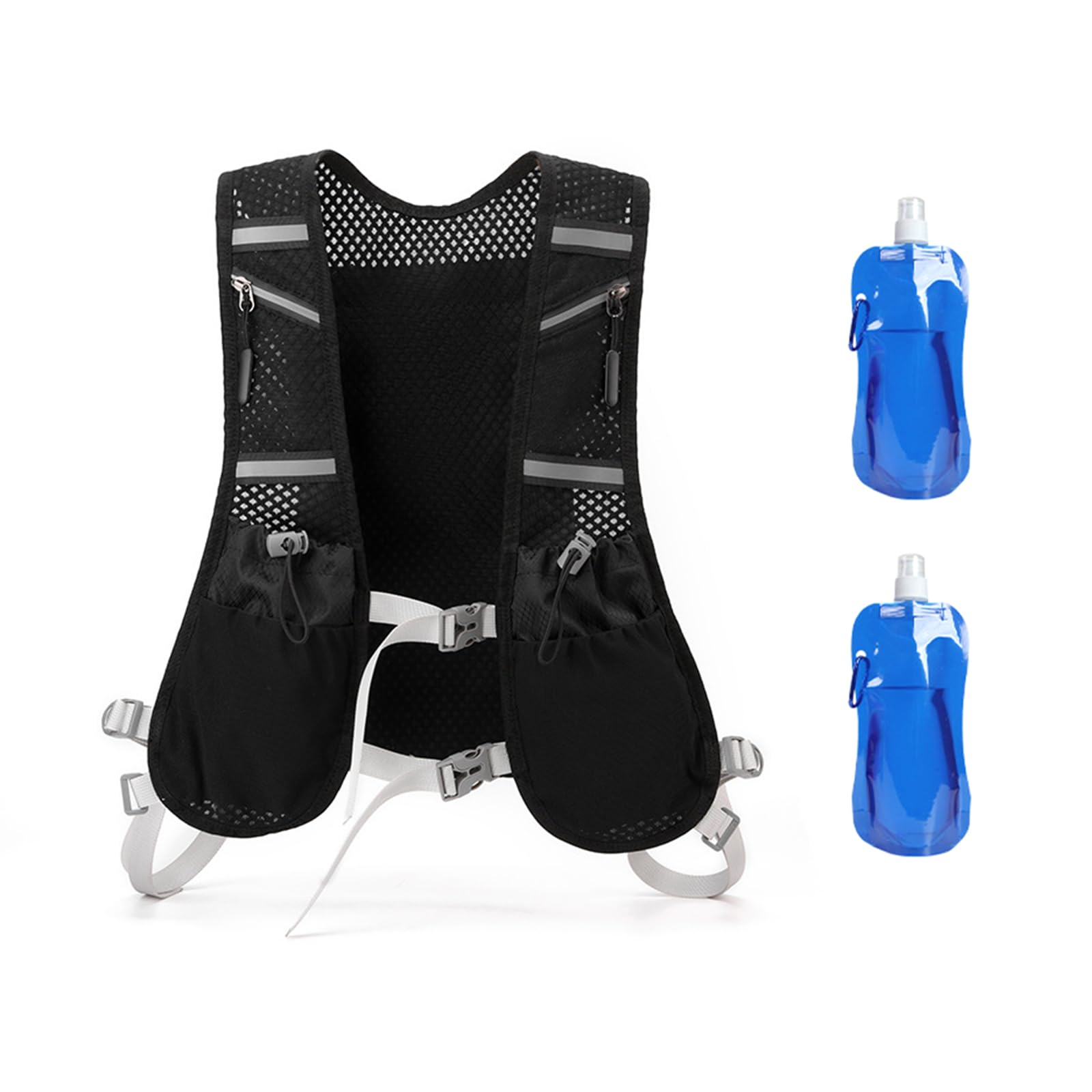 Laufweste mit 2 Soft Flasks 480ml, Verstellbar, Reflektierend, Atmungsaktiv, für Damen und Herren, Mehrere Taschen, für Marathon, Jogging, Radfahren