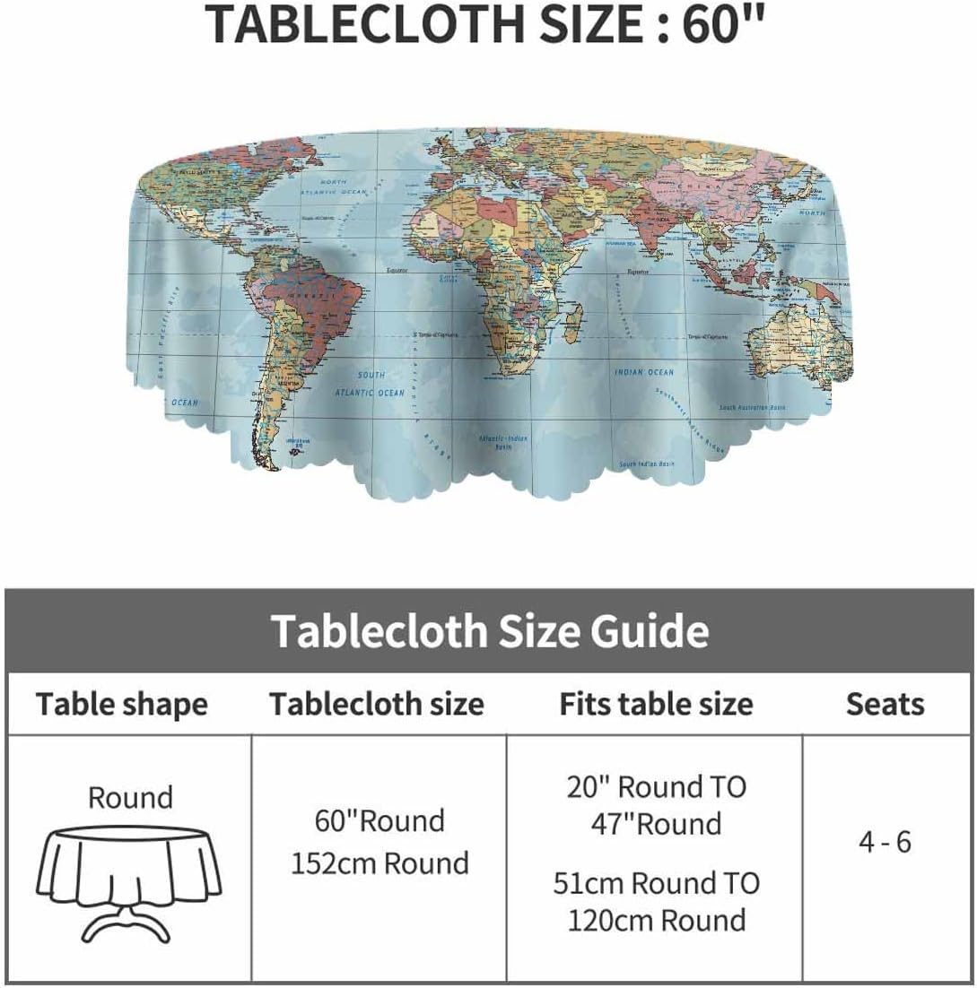 Yibeas Round Tablecloth - World Map Vintage Global Blue Travel Map Tablecloth 60 inch for Small Round Tables image 3