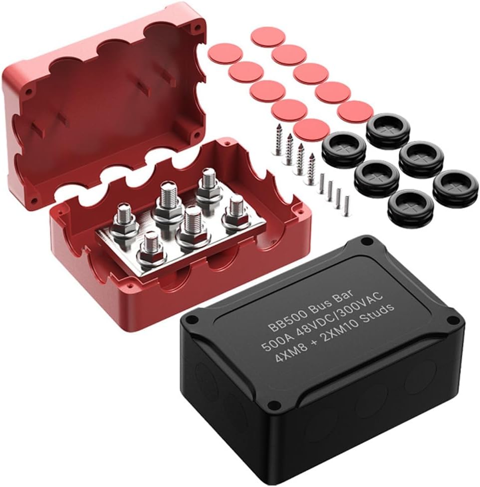 500A Marine Busbar 48V Automotive Distribution Block High Current 6 Studs with Red Black Cover Yacht Auto Junction Box