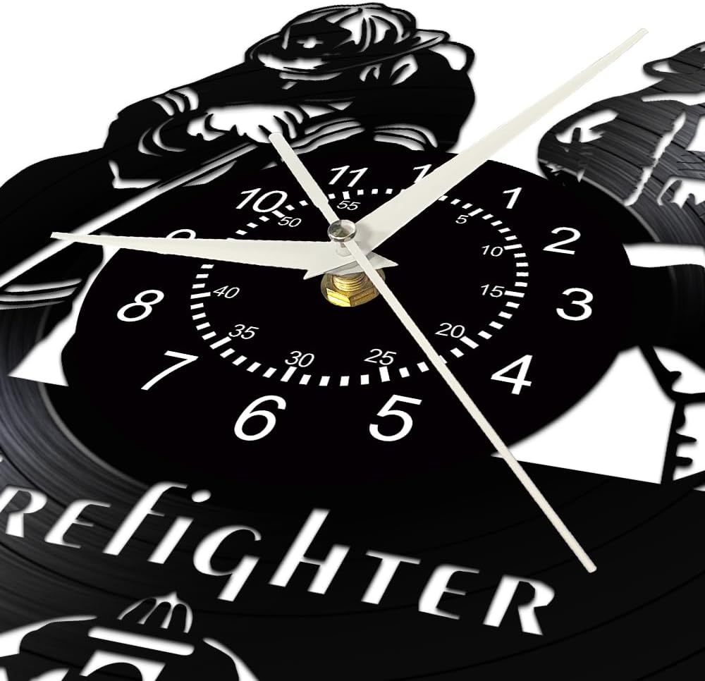 12 Inch Firefighter Fire Vinyl Record Wall Clock, Rescue Fire Department Wall Clock Battery Silent Non Ticking Profession Wall Watch Clock for Bedroom Living Room Fireman Retirement Gifts