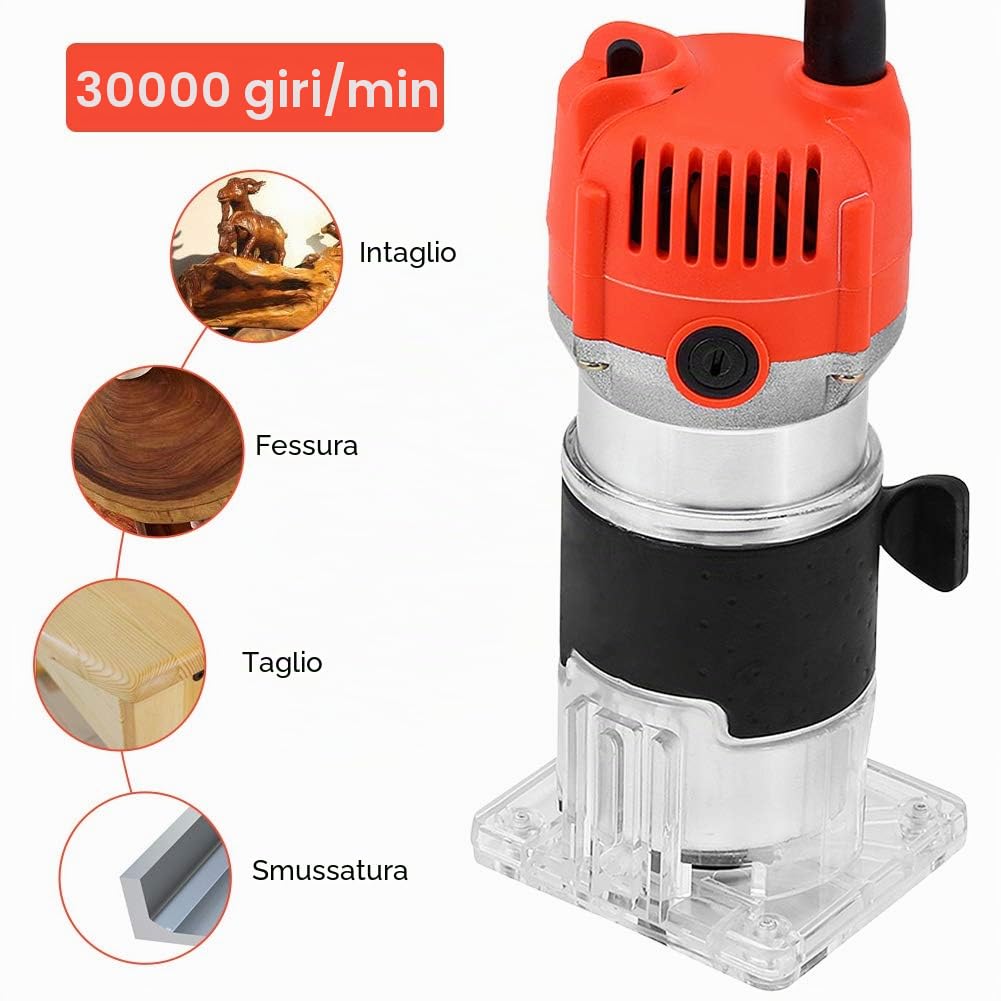 Fresatrice Verticale Elettrica per Legno, 30000 giri/min, Base in Alluminio Trasparente, Rifilatore Trim Router per Lavorazione del Legno