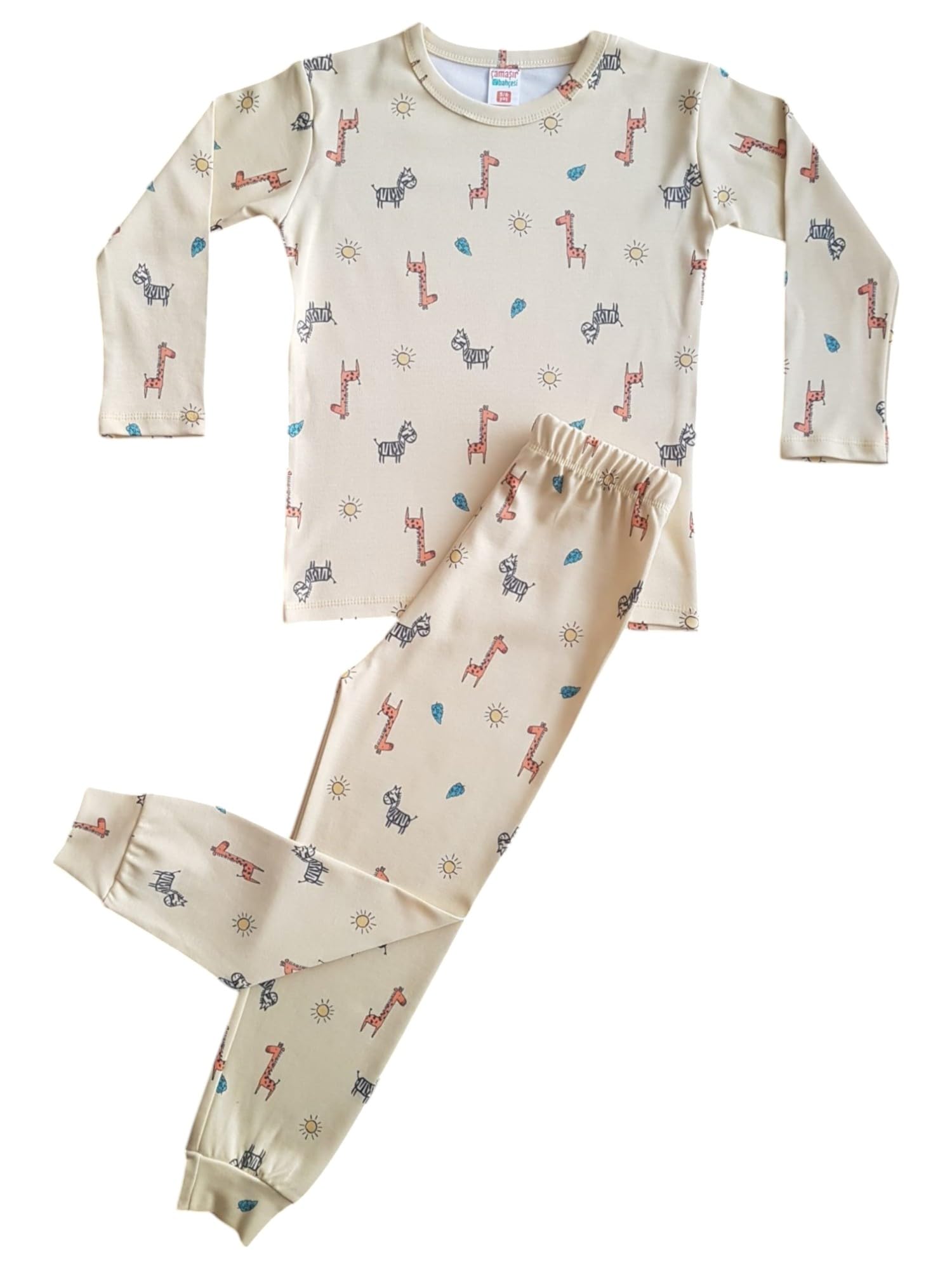%100 Pamuk Sarı, Zebra Desenli Uzun Kollu Pijama Takımı
