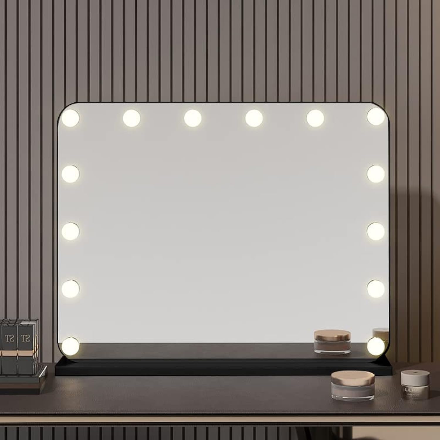 LIMOS Hollywood Vanity Mirror with Dimmable Bulbs, LED Makeup Mirror with 3 Color Modes, Touch Control Cosmetic Vanity Mirrors,Cosmetic Tabletop Mirror for Bedroom (black 14bulbs 50cmx42cm)