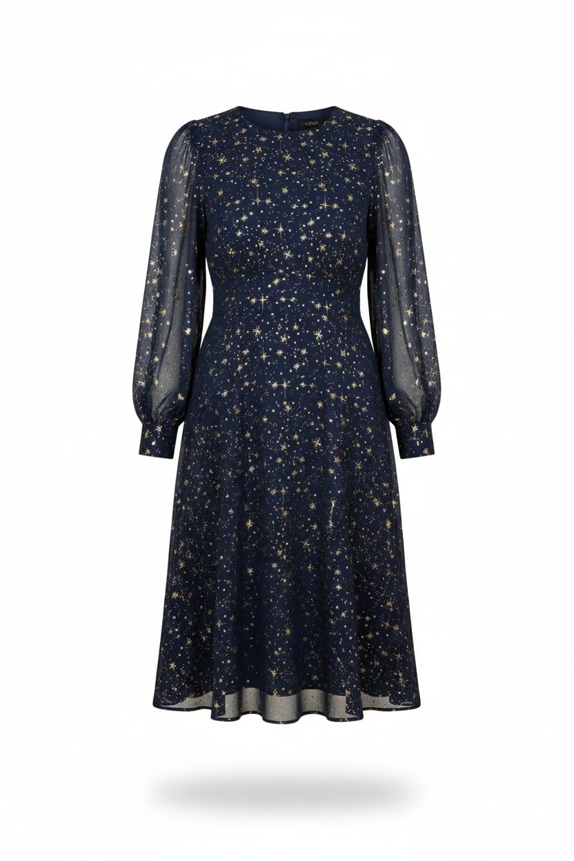 Yumi Women's Navy Star Print Foil Long Sleeve Dress (Uk, Numeric, 10, 12, Regular, Regular, )