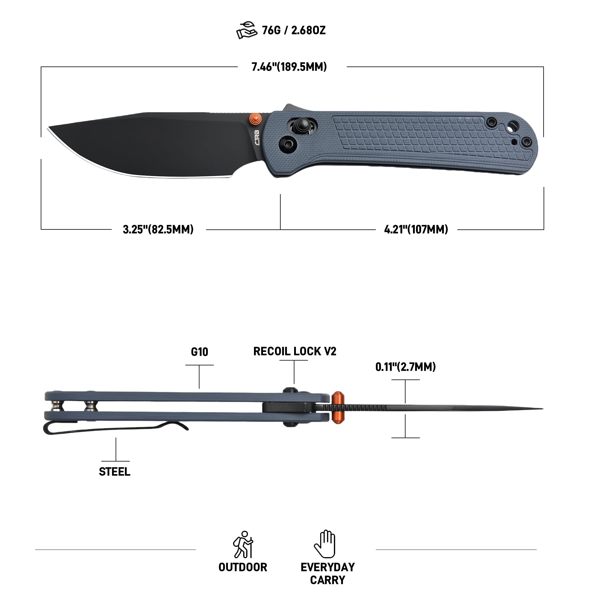 CJRB Bolt Folding Pocket Knife, 3.25'' AR-RPM9 Steel Blade G10 Handle EDC Knife with Recoil Lock, Blue