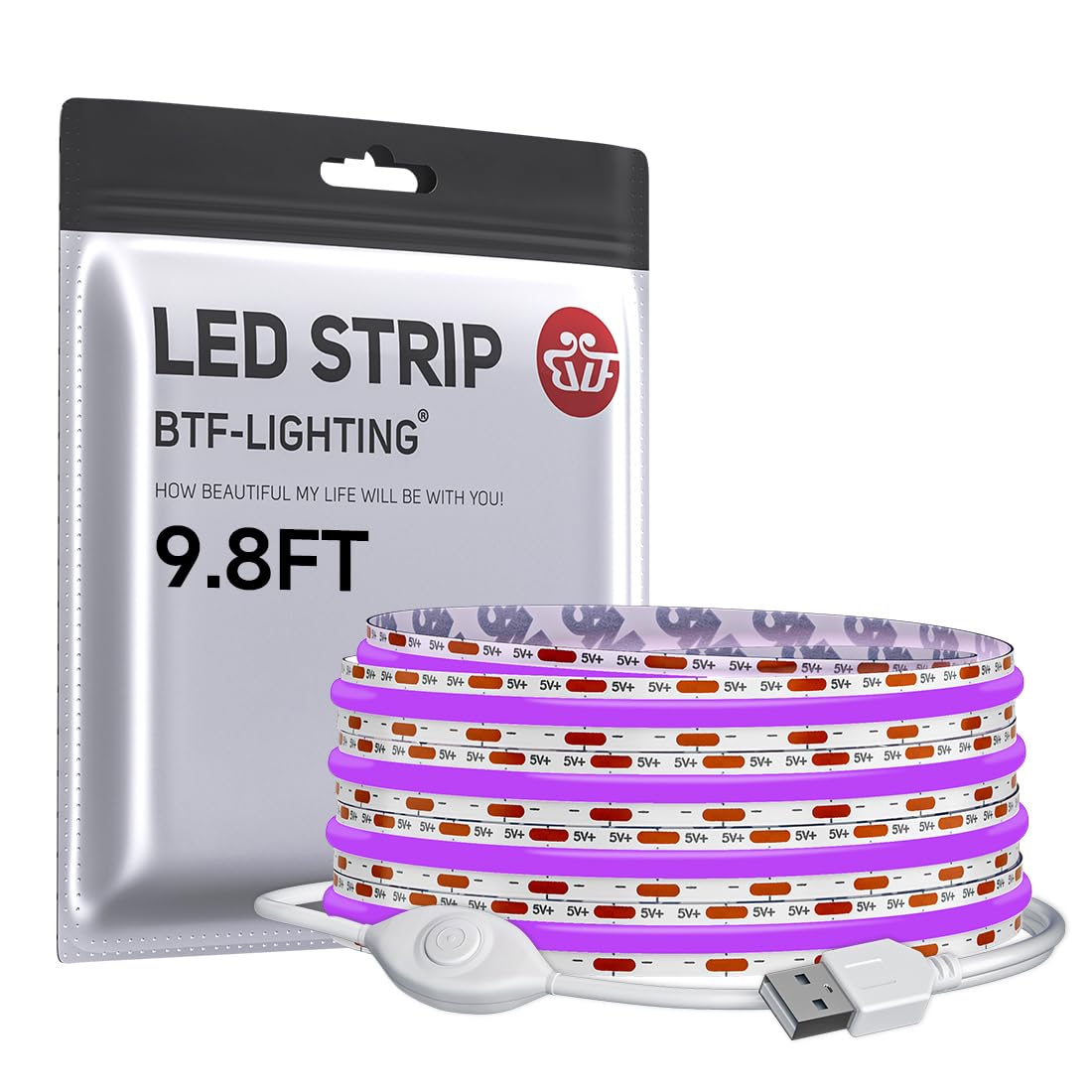 BTF-LIGHTING FCOB COB LED Strip Lights 5V USB Powered Purple Color for TV