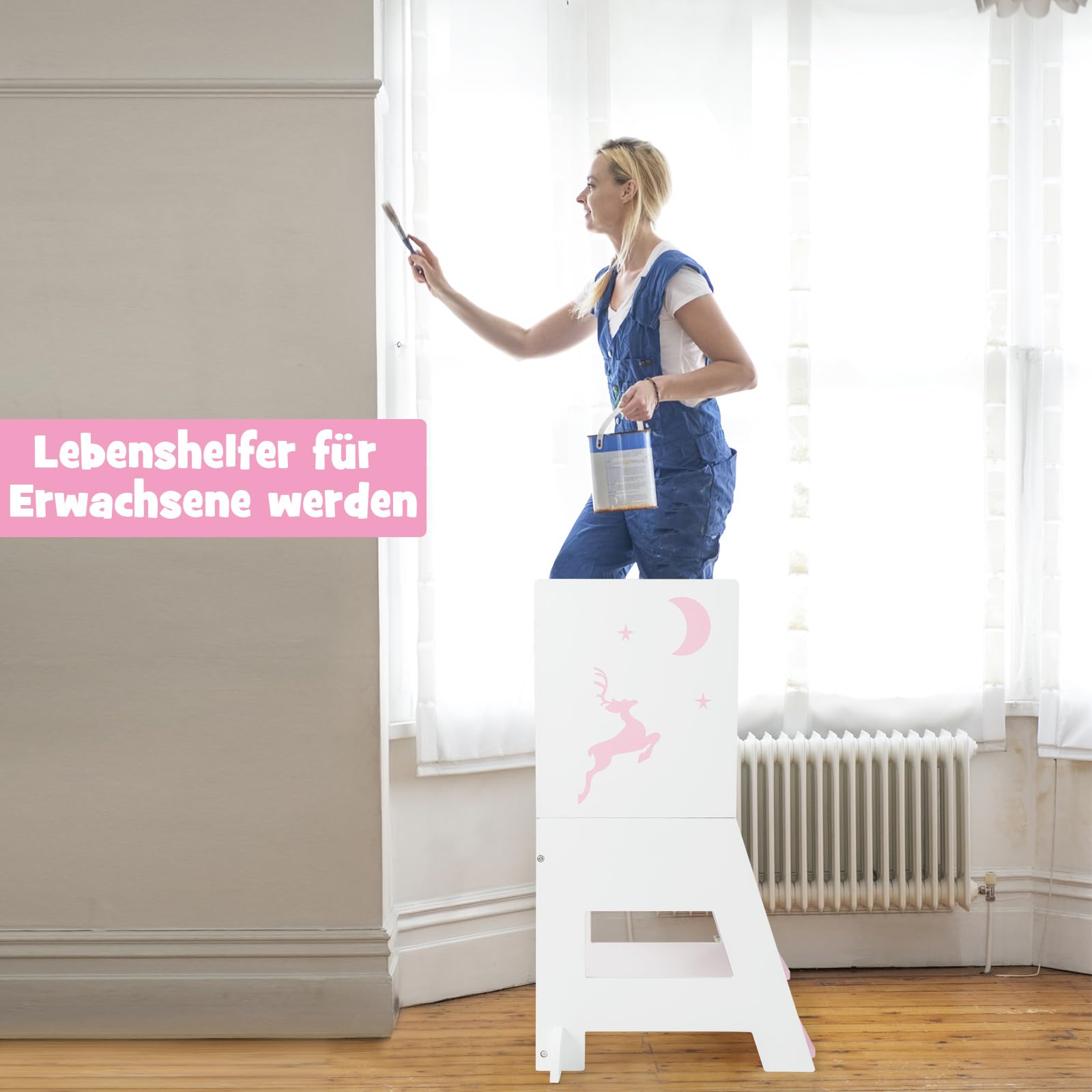 DREAMADE 2-in-1 Lernturm mit Tafel, Höhenverstellbarer Tritthocker aus Holz, Kinder Kreidetafel mit 3 Bunten Marker, Kinderlernturm ab 1 Jahr, belastbar bis 70kg (Weiß + Pink)