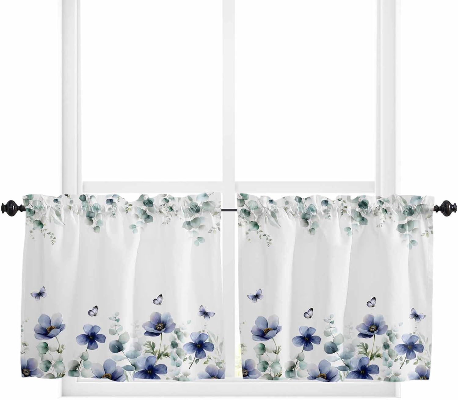 Flowers Tier Curtains - 2 Panels Rod Pocket Valance Curtains Half Window Curtain Tiers for Bathroom Kitchen Cabinet Rod Pocket, Blue Tulip Butterfly Eucalyptus Leaves