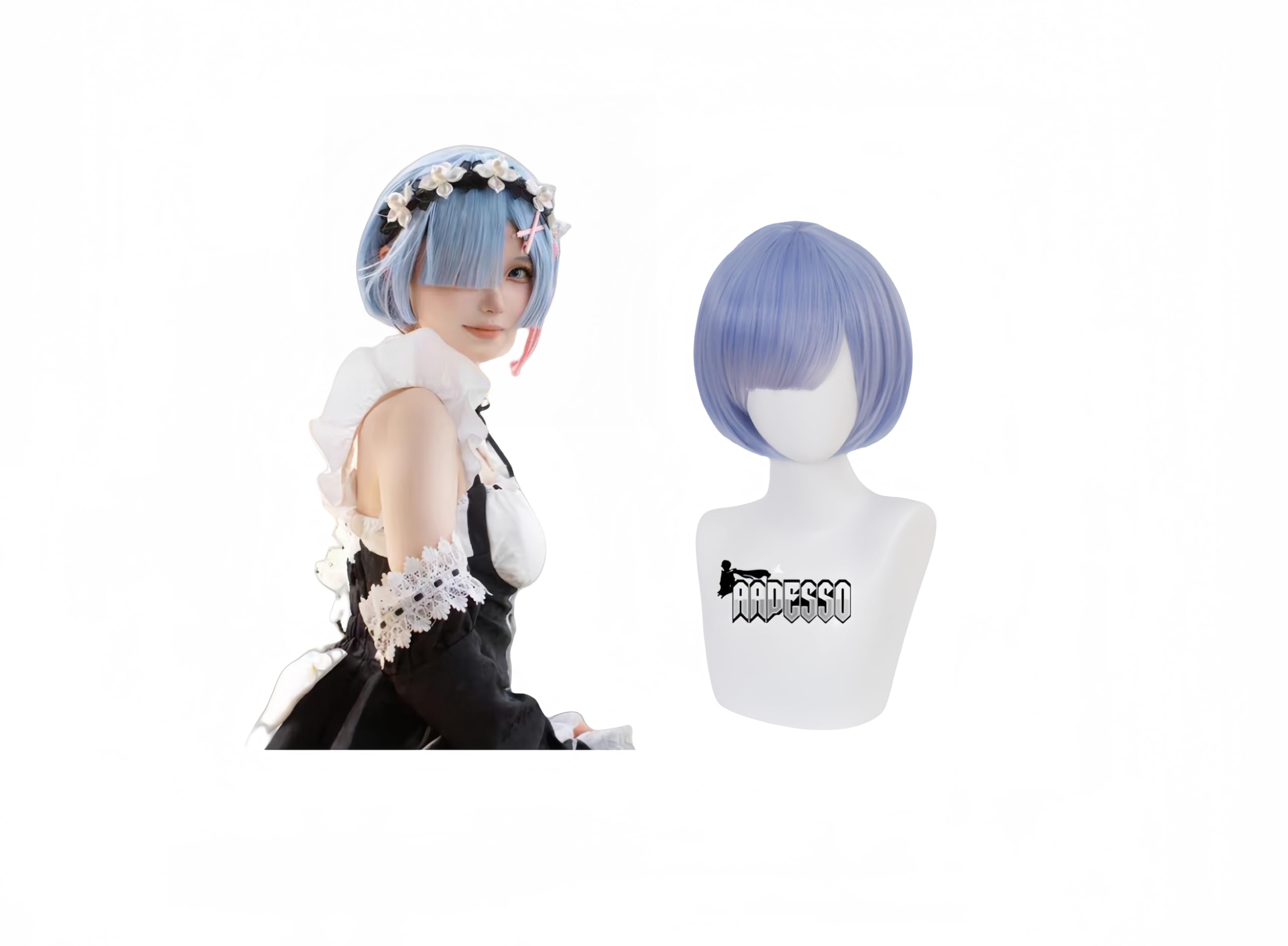 Aadesso Rem cosplay wig for anime Re zero blue Straight hair with bangs with wig cap