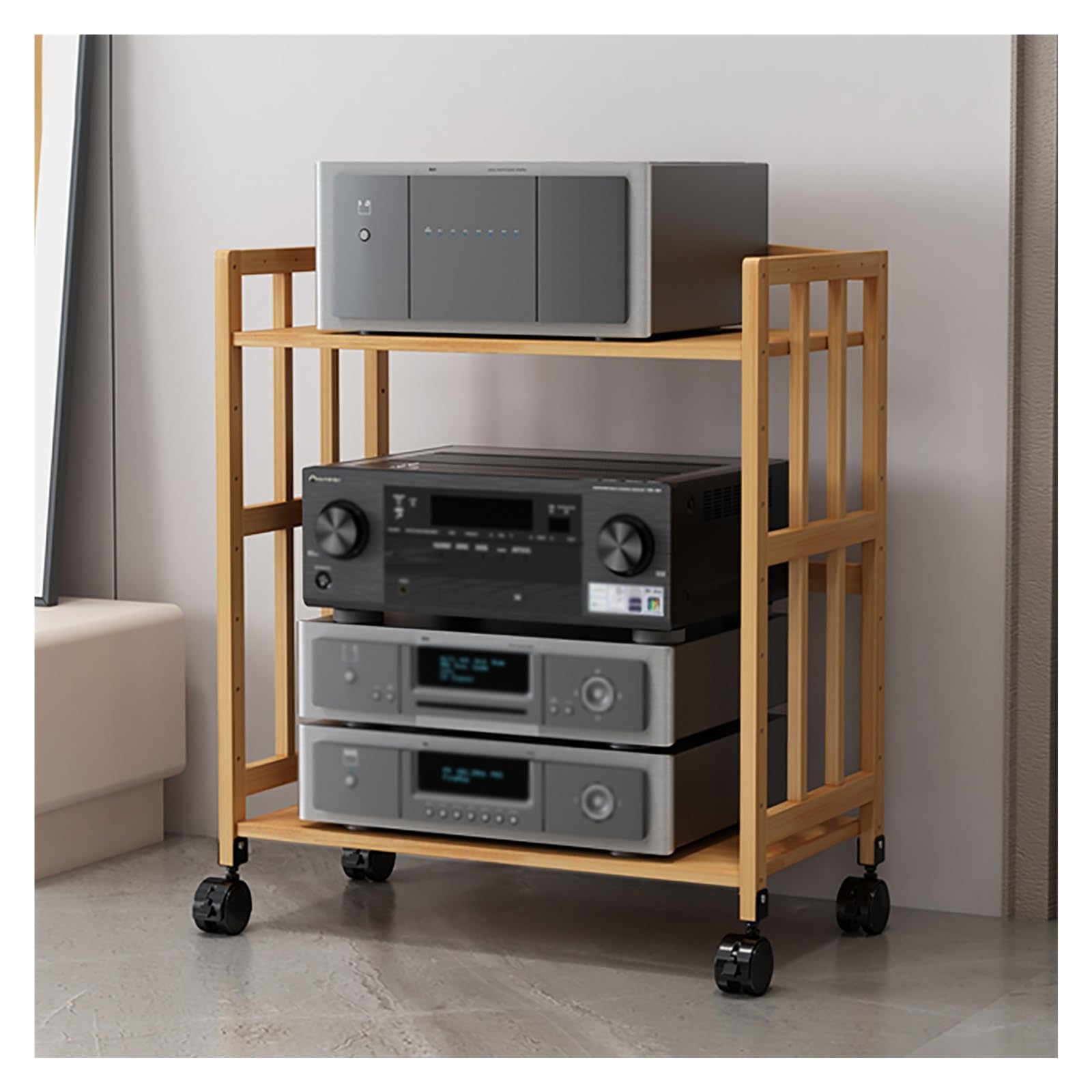 IEOWY HiFi AV Rack with Wheels Bamboo Media Stand for Home Theater 2/3/4/5 Tier Shelving Unit Durable AV Equipment Storage Shelf 55cm Stylish Home Cinema Organizer