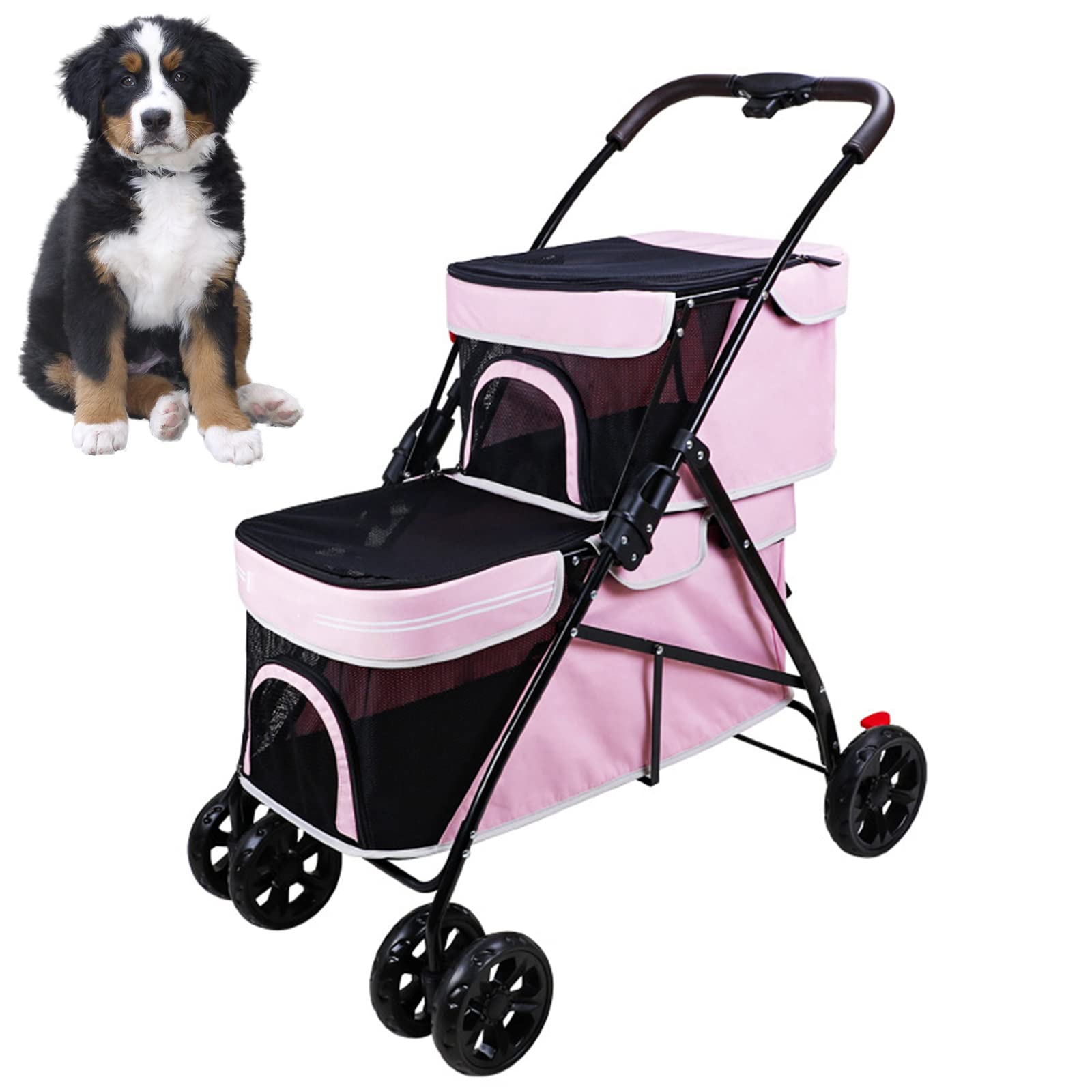 Cochecito doble para mascotas para perros, cochecito plegable de 4 ruedas para perros, cochecito para gatos, cochecito doble para perros pequeños y medianos, carrito de viaje para mascotas,Rosado