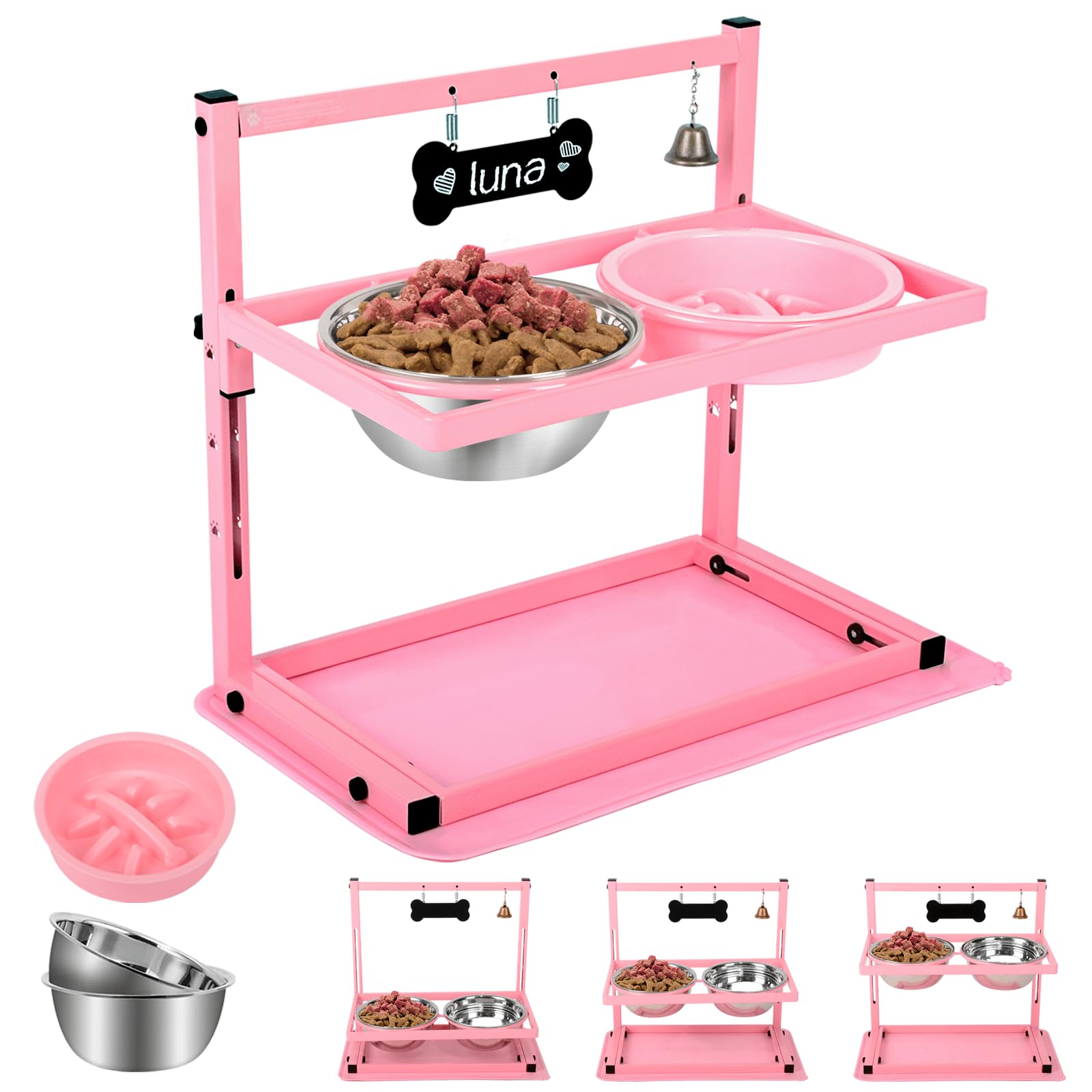ADENGL Pink Raised Dog Bowl Stand with Two 1700ml Stainless Steel Food Bowl, a Slow Dog Feeder and Spill Proof Mat, Adjustable Dog Feeder, Elevated Dog Bowls for Large Medium and Small Dogs