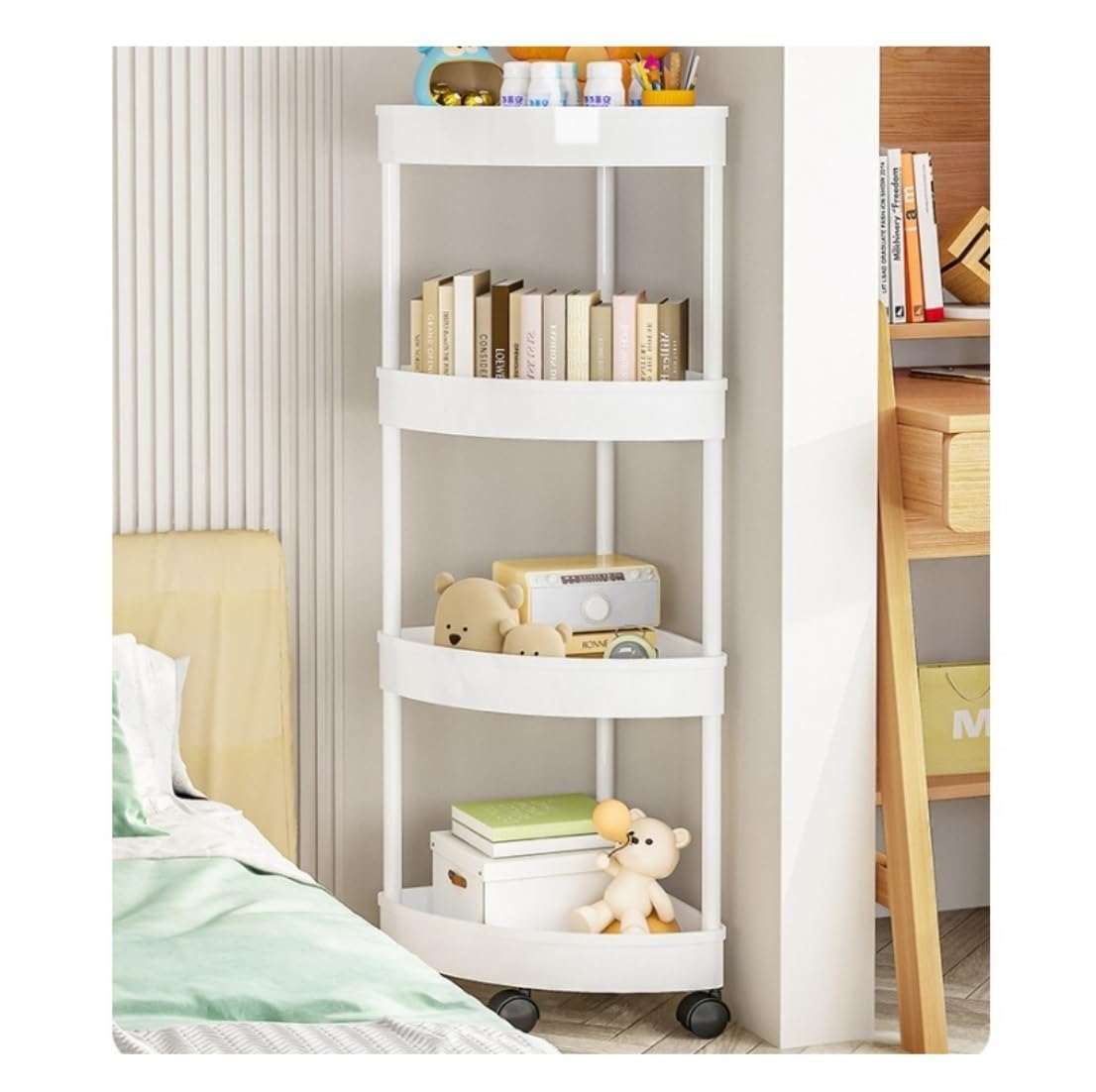 DRMEE Wall Corner Bookshelf 4 Tier Corner Shelf with Wheels Shower Caddy Shelf Rack Corner Standing Shower Stands