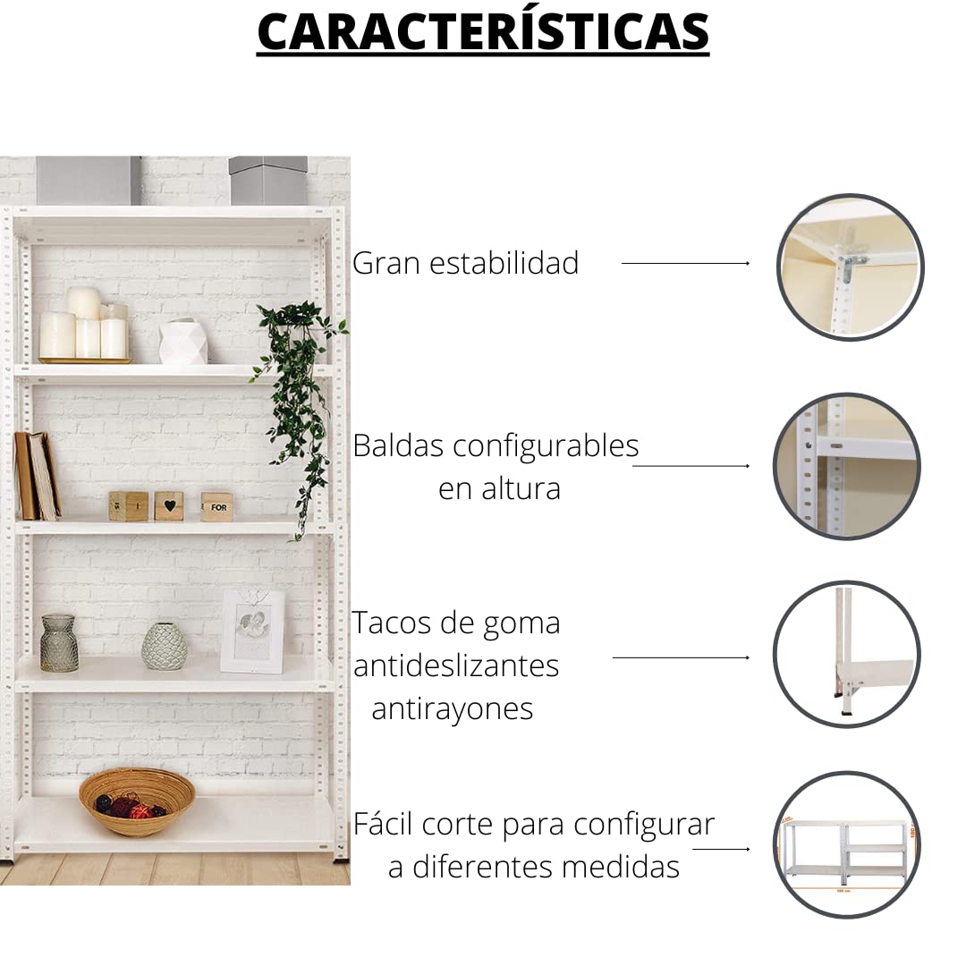 Homelux 999557 Kit Estantería Metálico 5 Baldas, Blanco, 170 x 75 x 30 cm