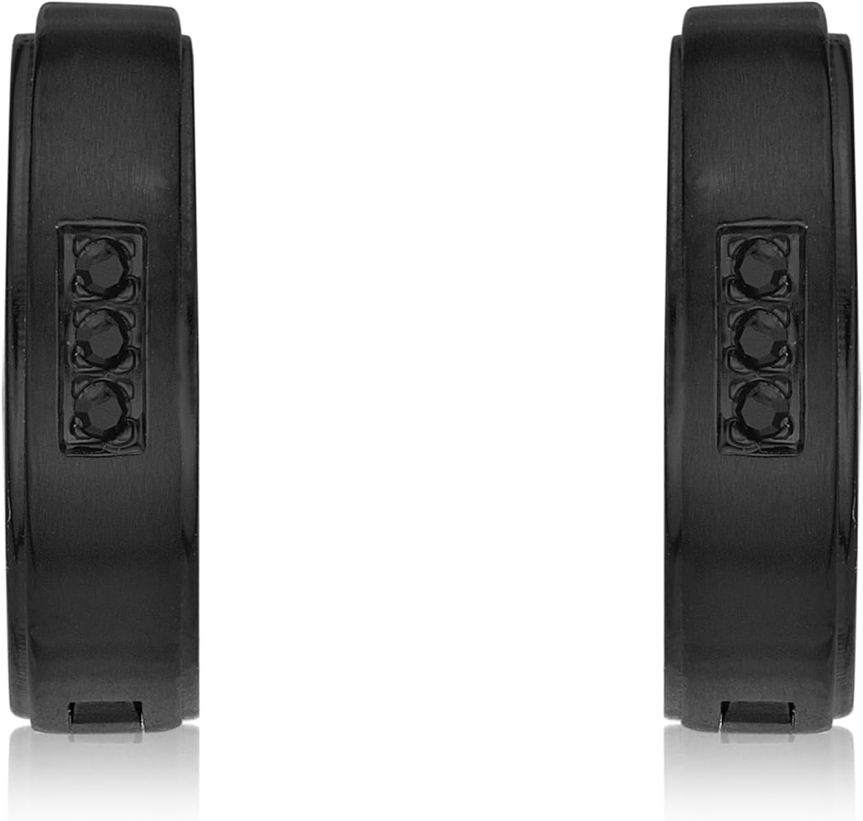 Black Cubic Zirconia Hoop Earrings for Men in Black Ion Plated Stainless Steel with Line Accent Inlay by Metro Jewelry