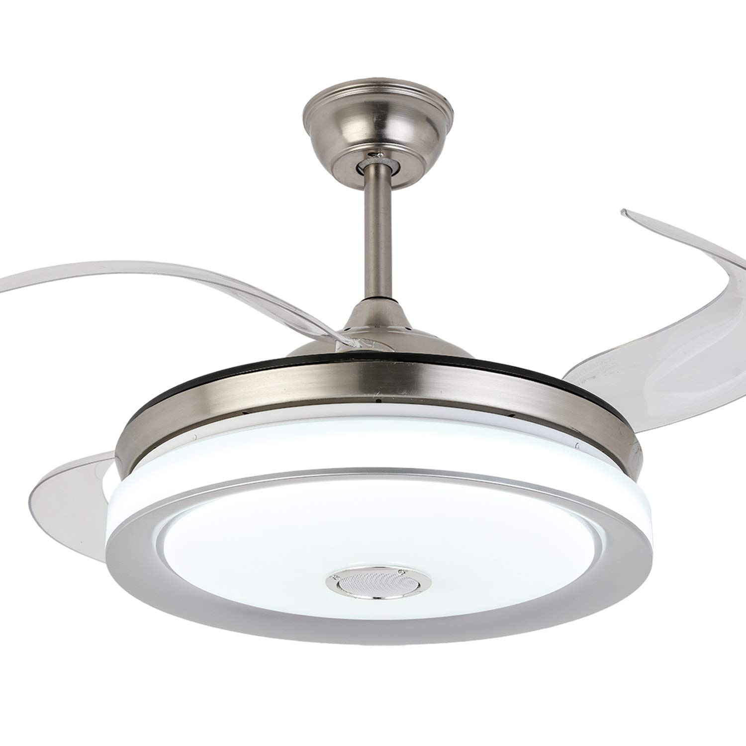 Retractable Ceiling Fan with Bluetooth Speaker and Light , LED Bluetooth Ceiling Fan Chandelier Speaker with and Remote Control 7 Color Lighting 42 Inch (Silver)