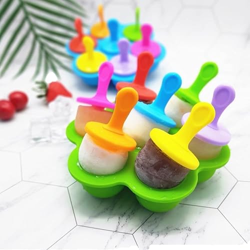 Miniatura 7 de Moldes de silicona para paletas, mini molde para paletas de hielo de 7 cavidades con palos coloridos y protectores de goteo, contenedor de