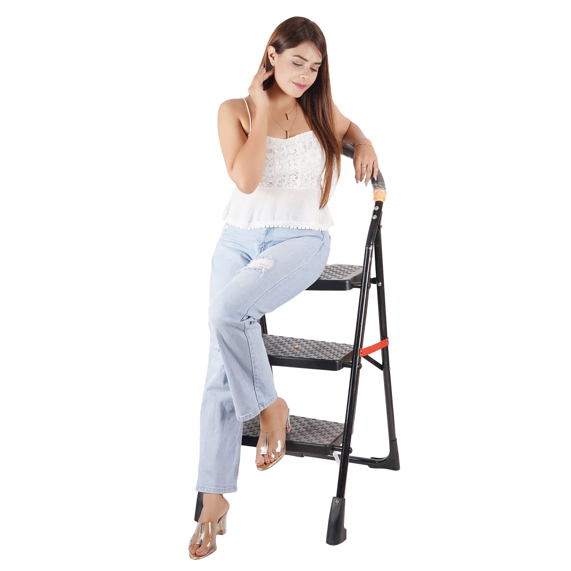 JG COMPANY Strong Heavy Duty 3 Step Oscar Ladder Foldable Durable Iron Mattel Wide Ladder for Home Anti Non Skid Indoor Outdoor Use Smart Platform 3 Year Warranty (3 Steps, Black)