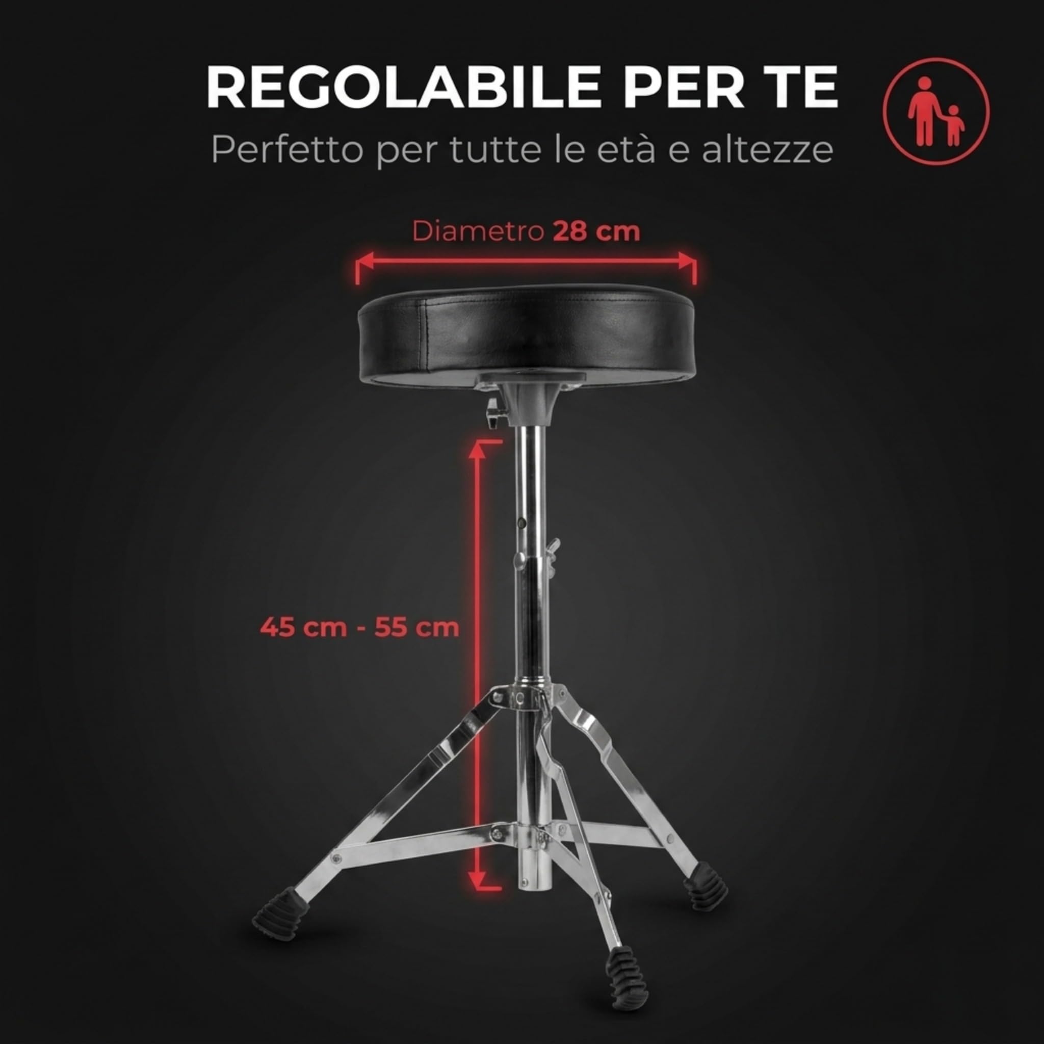 RockJam Sgabello Batteria Regolabile, Sedile Imbottito Girevole per Kit Acustici ed Elettronici, Altezza 45-55 cm, Pieghevole, Nero