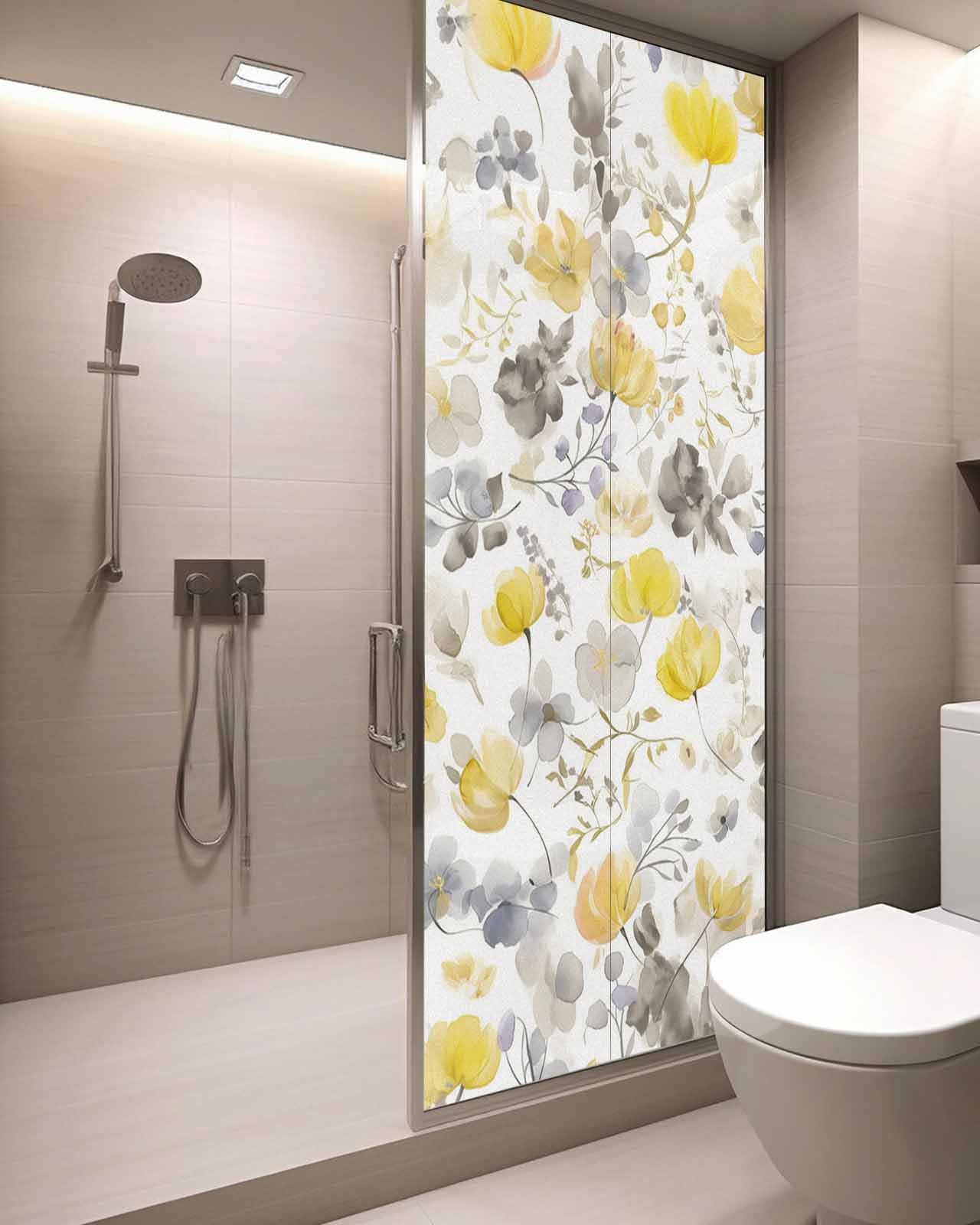 Lsrtoss Window Privacy Film, Yellow Grey Botanical Window Clings Non-Adhesive Door Cover, Spring Floral Watercolor Window Film Decorative, Removable Window Tint for Bathroom/Classroom 29.5