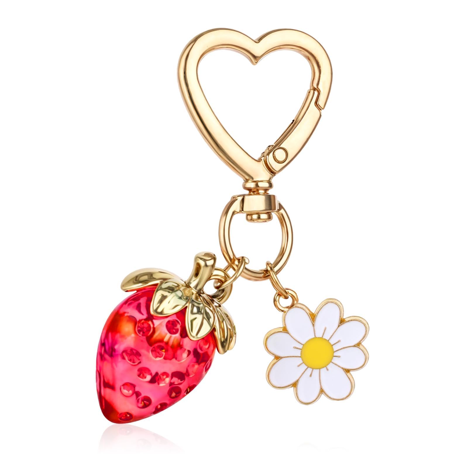 Strawberry Keychain for Women, Cute Bag Charm with Heart Flower Daisy Key Chains, Purse Accessories Gift for Girls