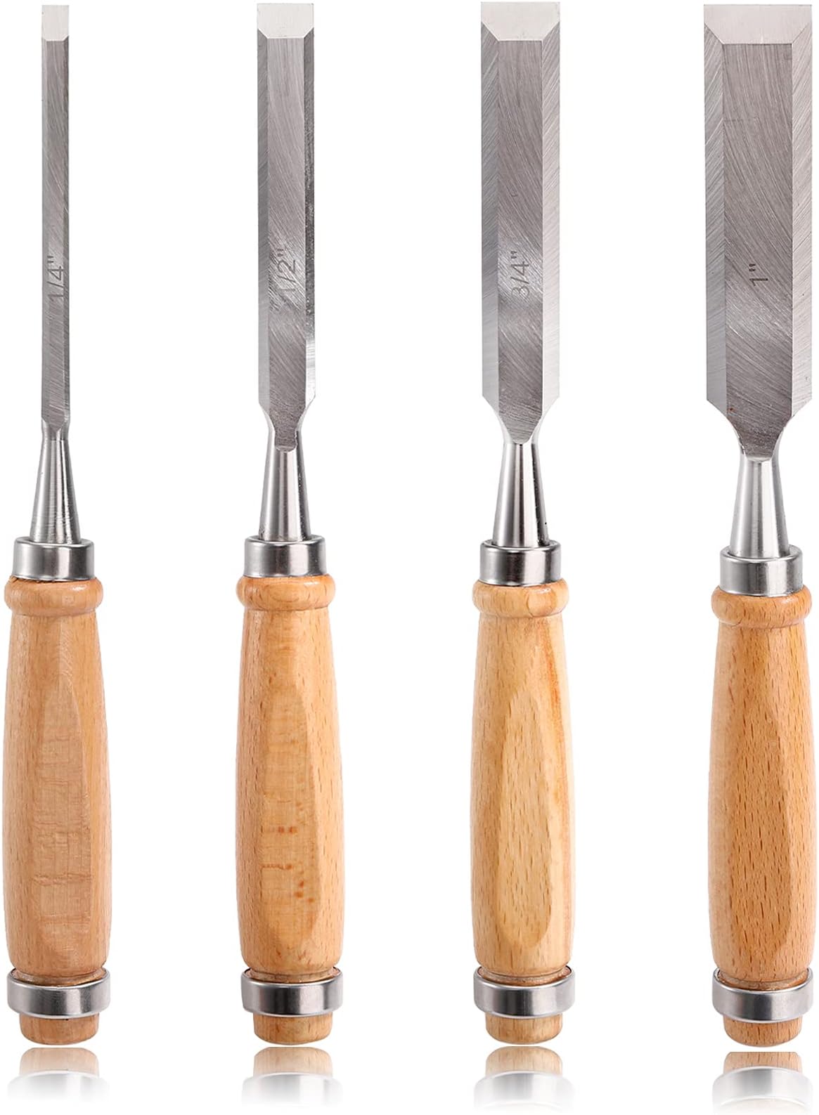 Dicunoy 4 PCS Wood Chisel Set, 4 Pieces Wood Carving Chisels 6mm, 12mm, 18mm, 24mm, Chizzle Tools Set With Beech Handles, Chrome Vanadium Steel Chisels for Woodworking, Carpentry (1/4", 1/2", 3/4",1")