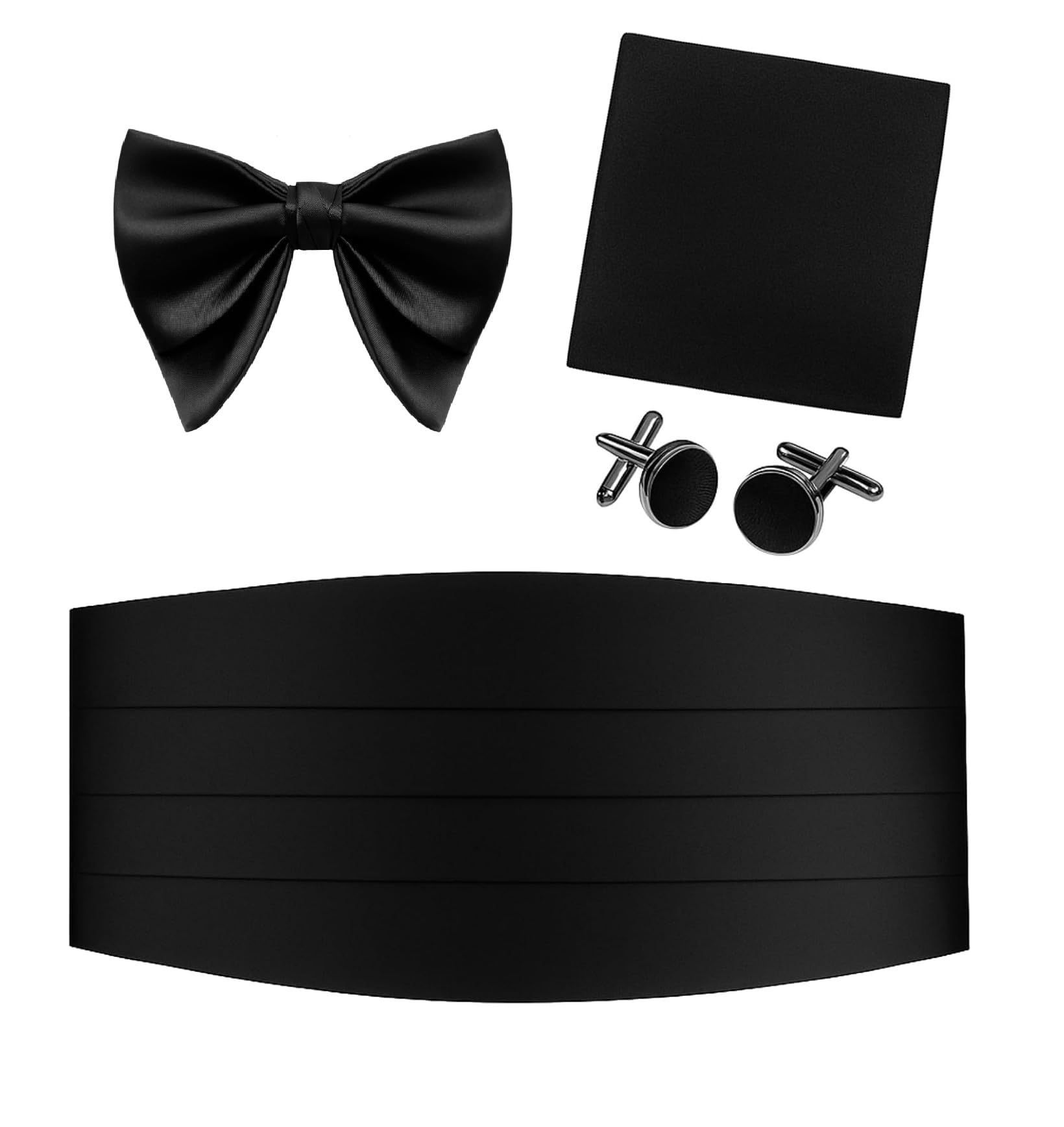 Black Cummerbund Big Bow Tie Pocket Square & Brass Black Cufflinks Set | Premium Silk Finish Adjustable Waistband | Ideal for Tuxedo, Wedding & Formal Events