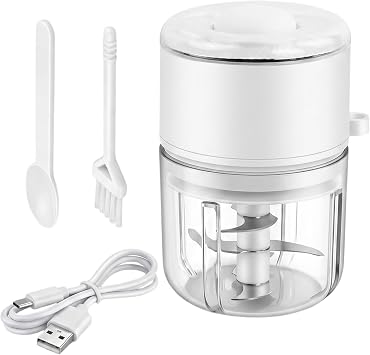 Electric Kitchen Chopper 350 ml, Small Food Chopper with 6 Blades for Meat, Onions, Garlic, Chilli, Fruit, Compact Food Processor for Home & Camping, Hiking, Outging, With Small Brush White