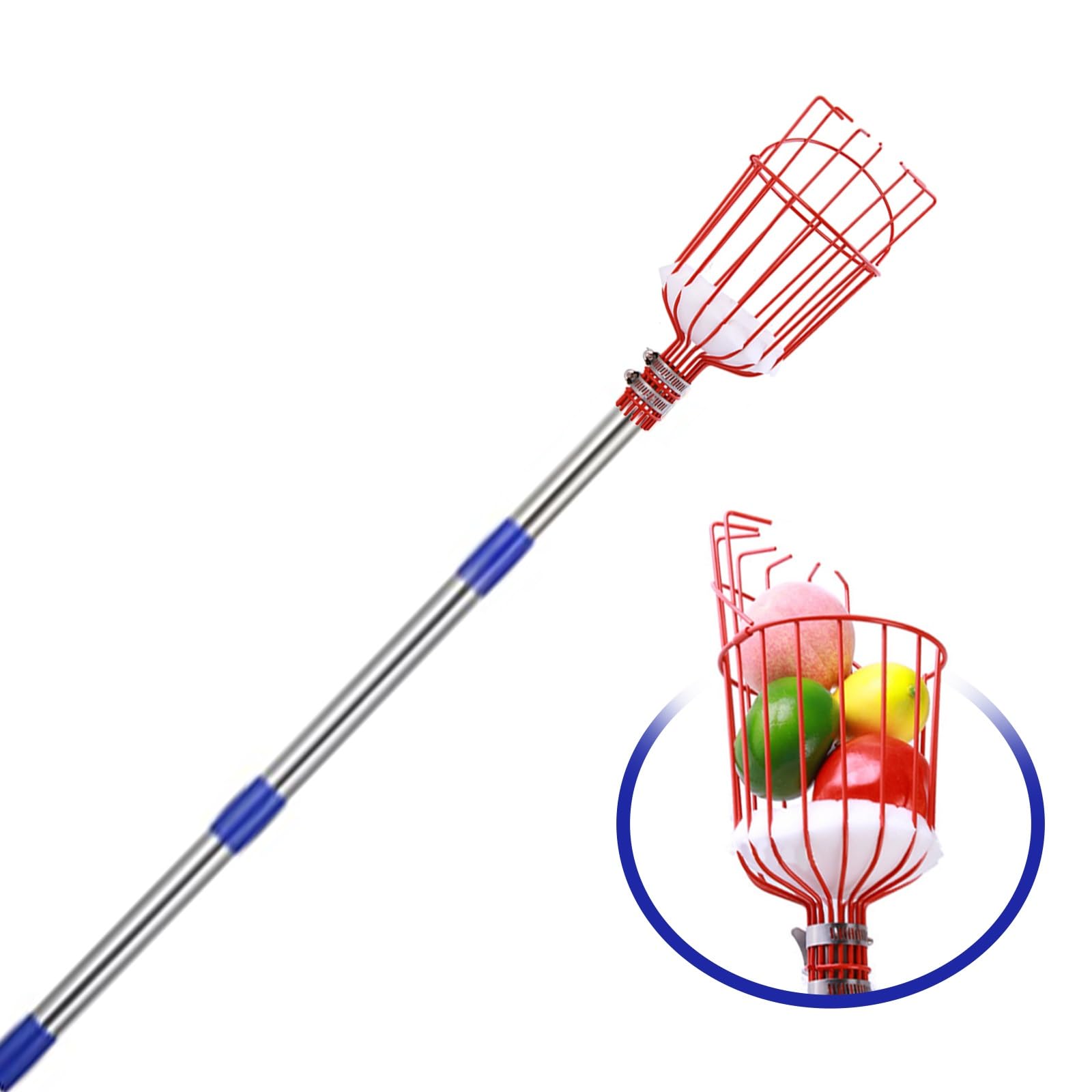 cueille-Fruits, Perche de cueillette Fruits à Hauteur réglable avec Panier télescopique, en Acier Inoxydable, Perche(2m)