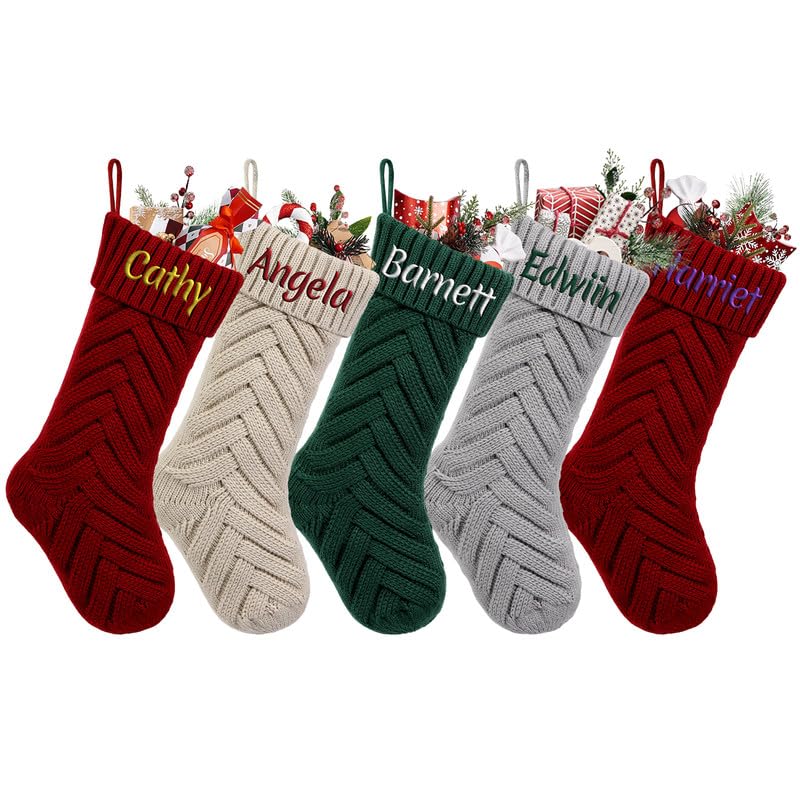 Heflashor Personalized Christmas Stockings, 18” Large Custom Xmas Knit Stocking with Embroidered Name and icon for Family Holiday Christmas Party Fireplace Decoration,Zigzag-knitted,4