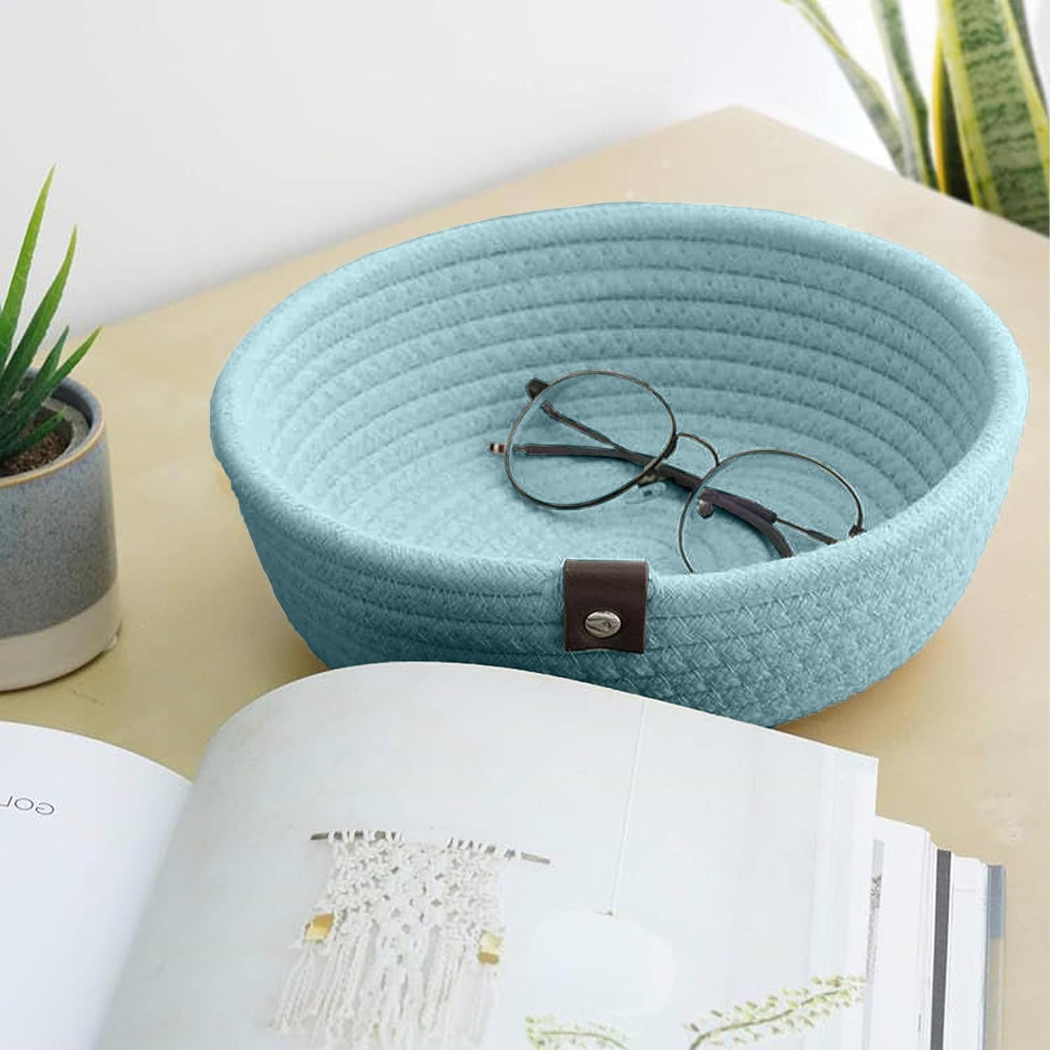 TRENDOZE 100% Natural Jute small box mini rope paper storage Round hamper baby nursery tray bucket for Living Kitchen, Drawing Room,fruits, kitchen, office, (AQUA) 2