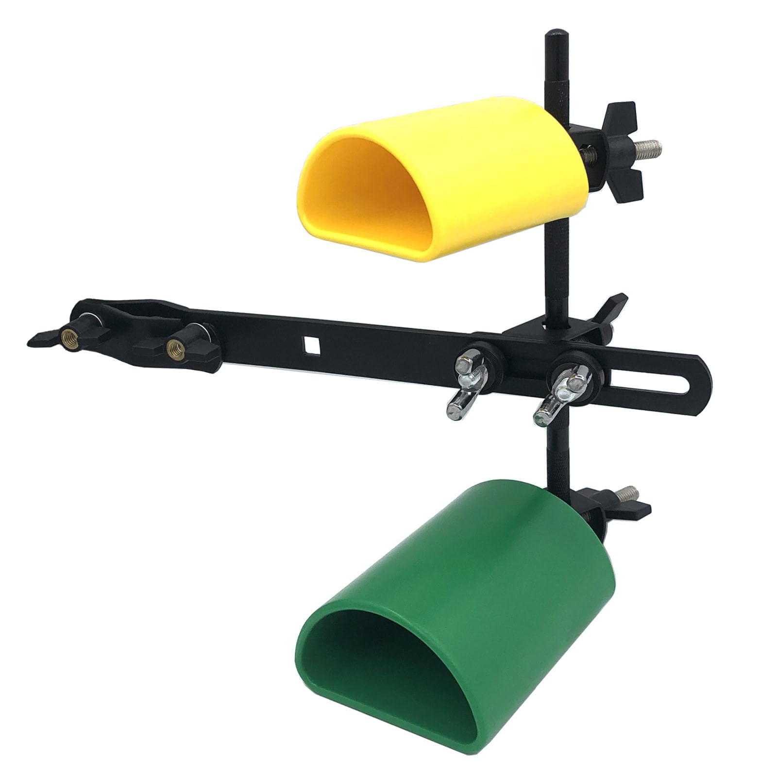 Percussion Jam Block with Mounting Bracket Kit Include Plastic 3.3inch Yellow Cow Bell, Low Pitch 4.3inch Green Cowbell, Drum Set Cowbell Clamp and 3/8inch Straight Rod