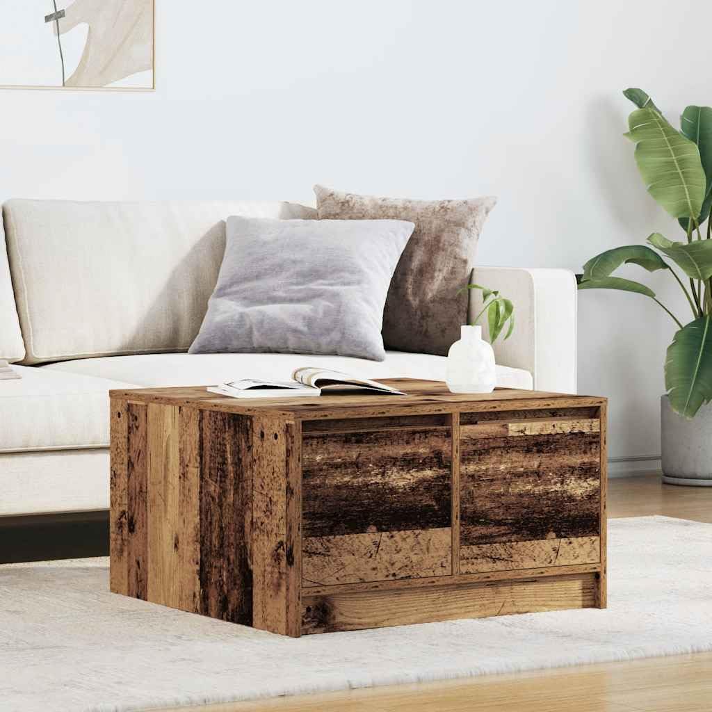 Table basse avec tiroirs en bois vieilli 70x70 cm pour rangement salon