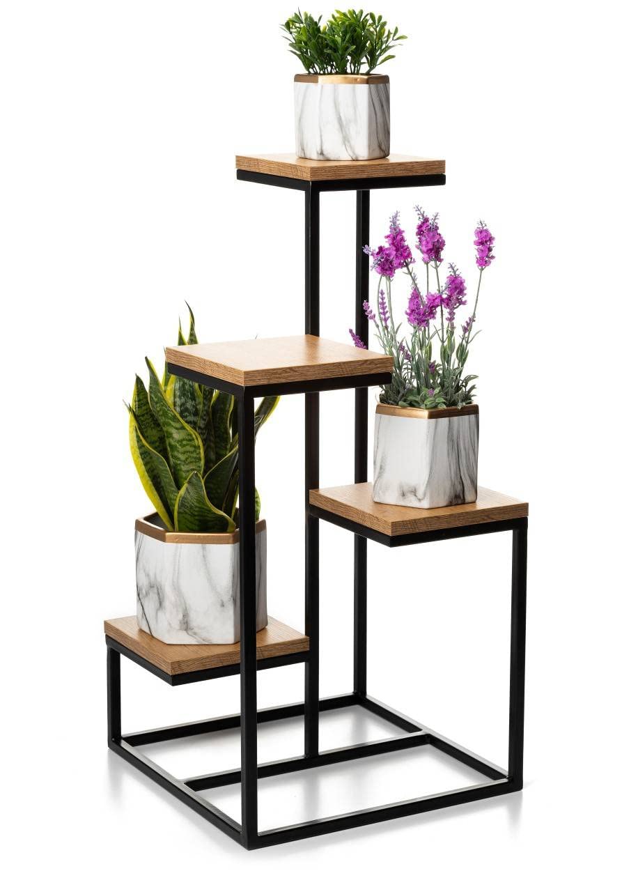 4 Etagen Blumentreppe - Metall Pflanzentreppe 79 cm Hoch - Blumenregal mit MDF-Platten in Eichenoptik für 4 Blumen - Blumenständer für die Innendekoration (Eichen)
