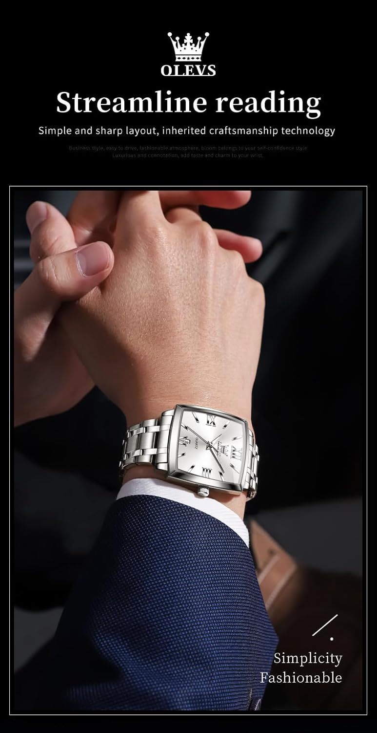 OLEVS Mens Tank Watch Minimalist Diamond Watch Fashion Dress Analog Quartz Mens Watches Rectangular Waterproof Stainless Steel Luminous with Date Watches for Men(Silver/Rose Gold) - Image 9