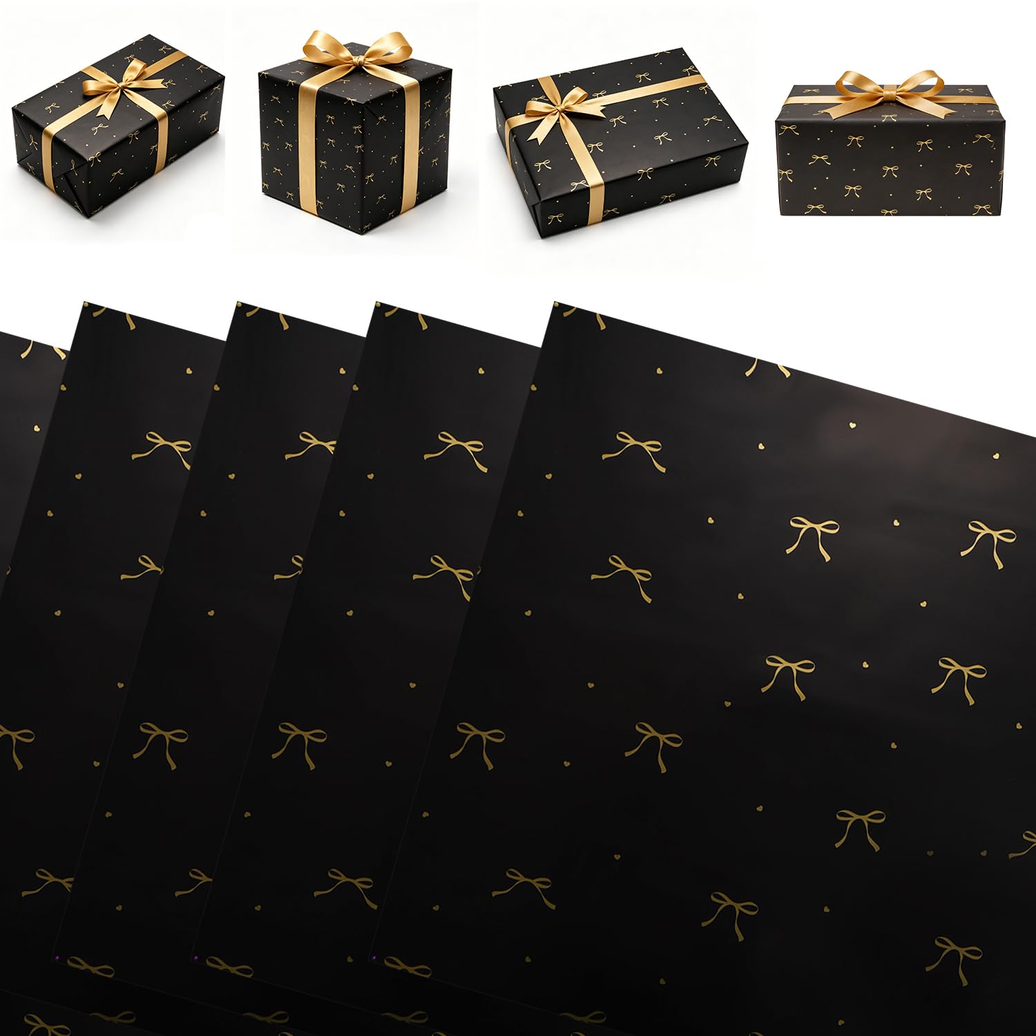 20 Sheets Bow Wrapping Paper, Black Gift Wrapping Paper with Gold Bows Patterns, Decorative Papers for Kids, Bow Lovers, Craft Enthusiasts, Gift Papers for Birthday Gifts, Books, Crafts, DIY